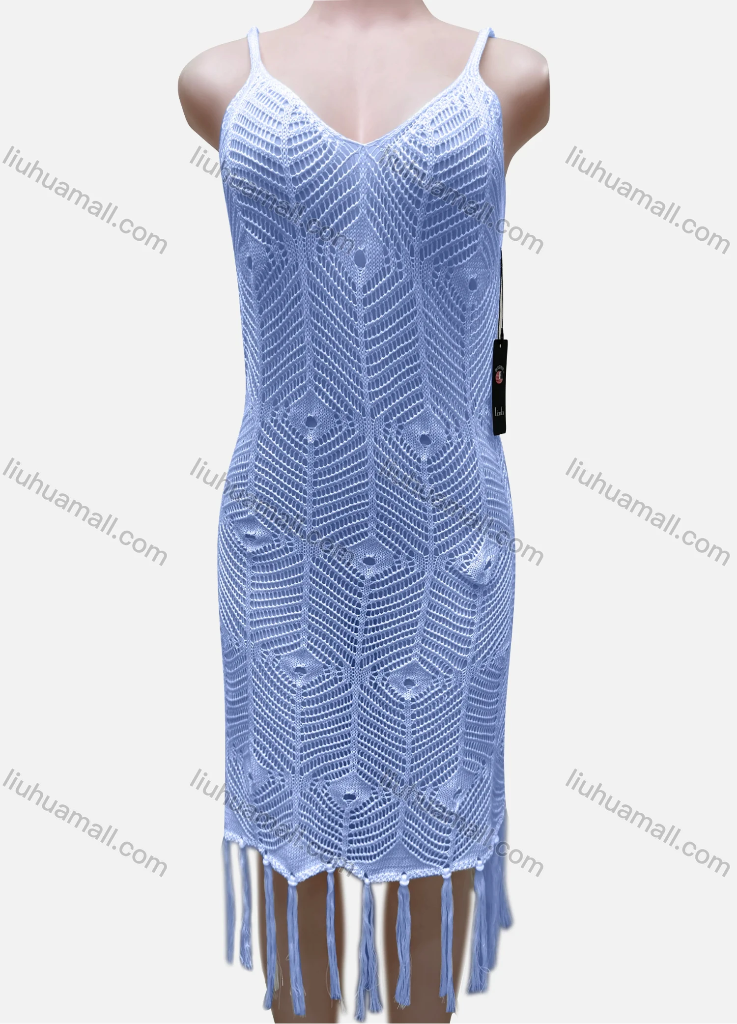 Wholesale Women's Vacation Sleeveless Hollow Out Tassel Hem Cover Up Dress J2441A# - Liuhuamall