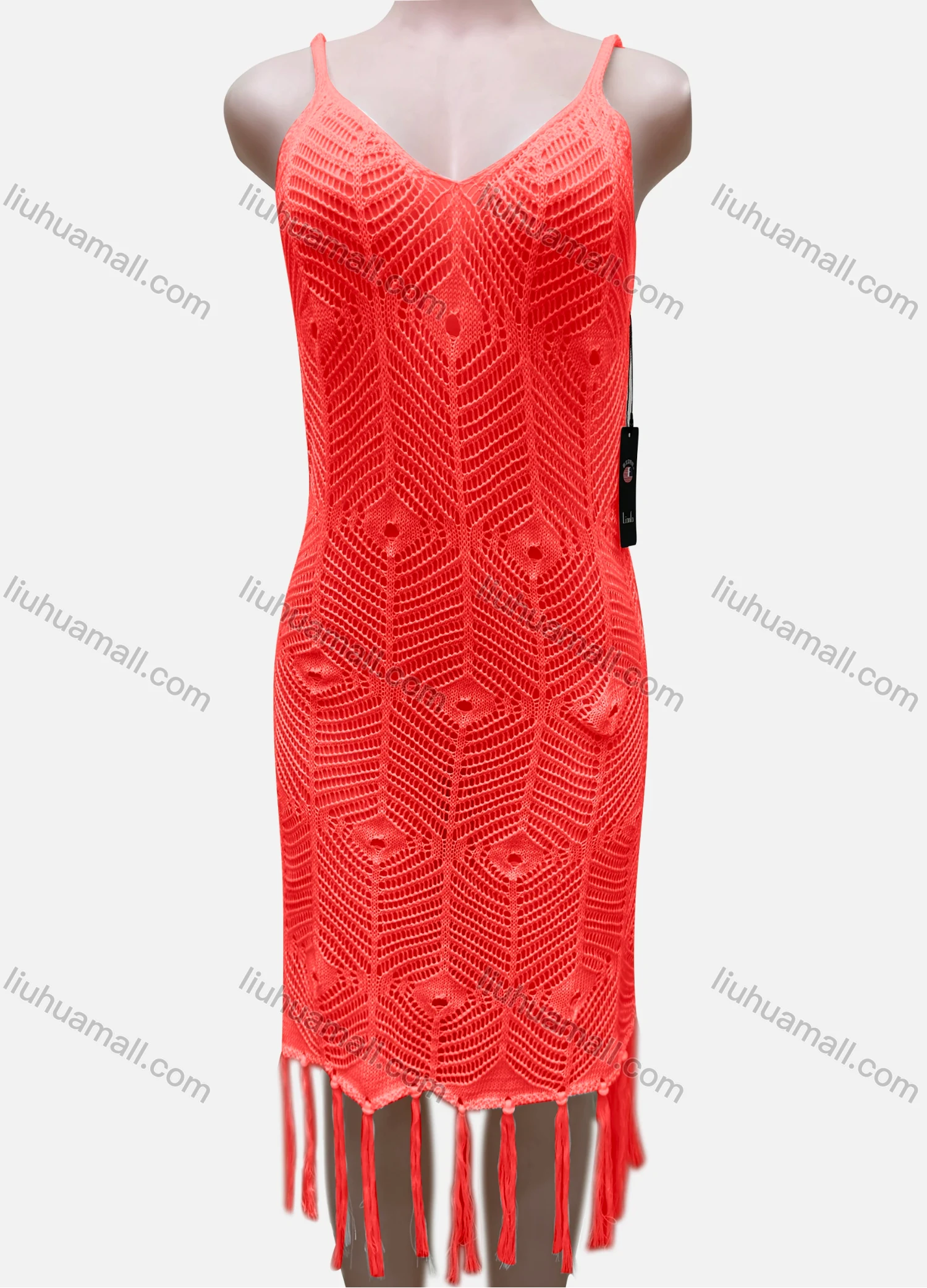 Wholesale Women's Vacation Sleeveless Hollow Out Tassel Hem Cover Up Dress J2441A# - Liuhuamall