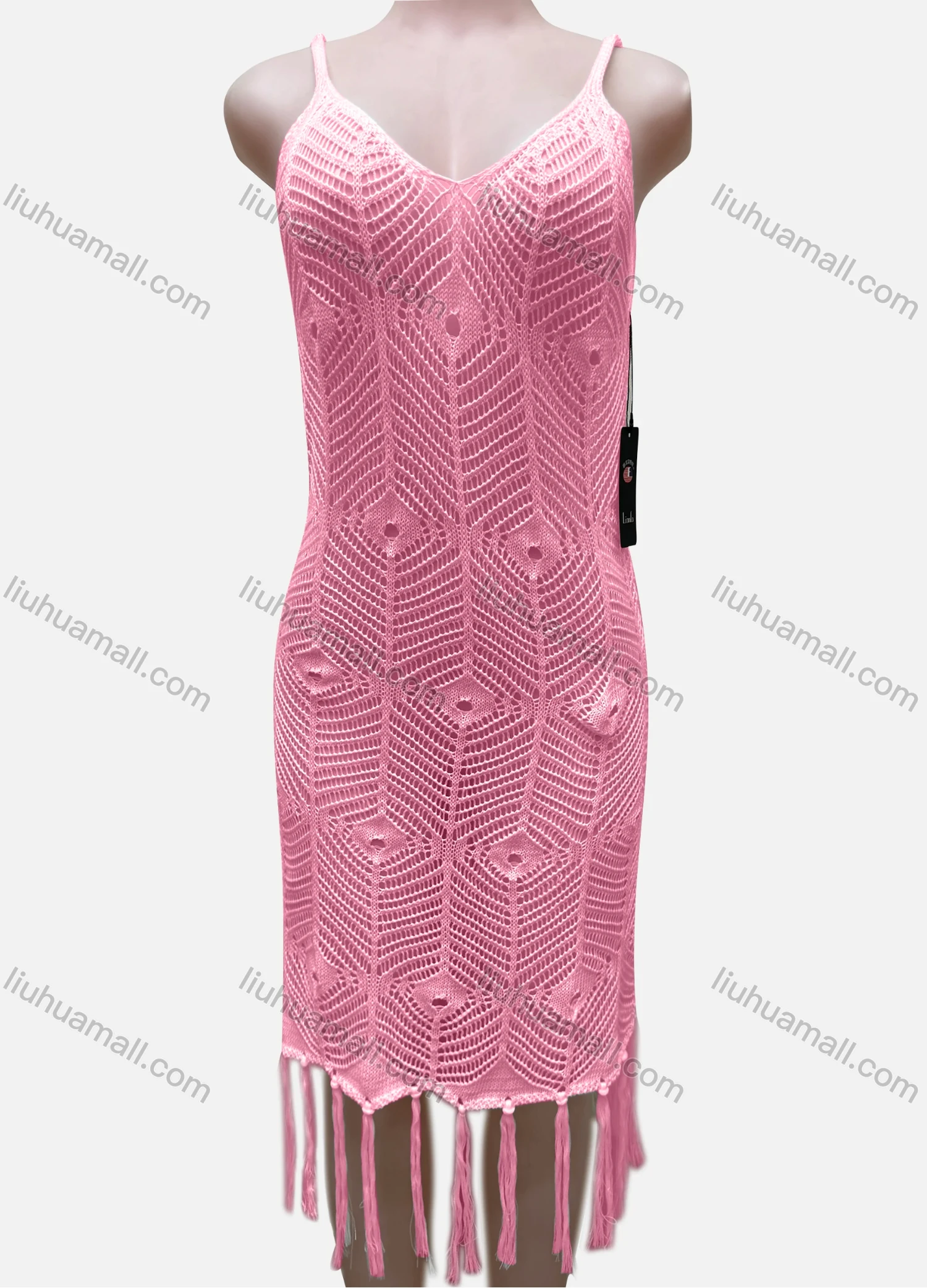 Wholesale Women's Vacation Sleeveless Hollow Out Tassel Hem Cover Up Dress J2441A# - Liuhuamall