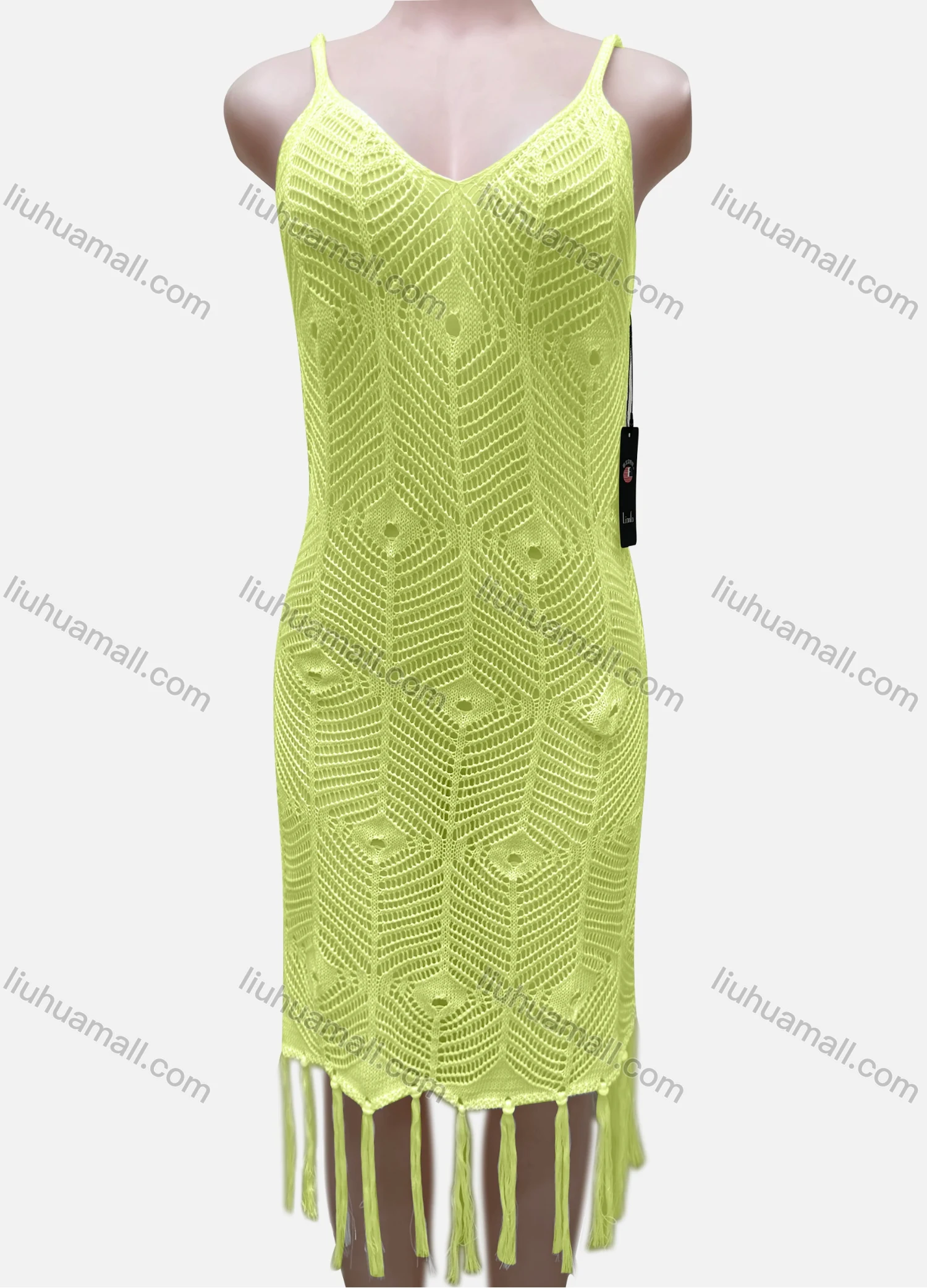 Wholesale Women's Vacation Sleeveless Hollow Out Tassel Hem Cover Up Dress J2441A# - Liuhuamall