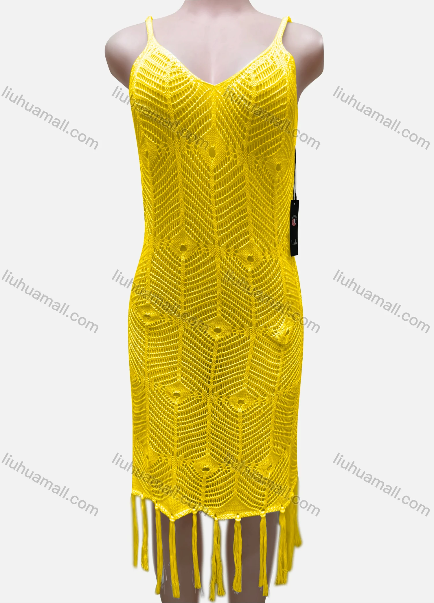 Wholesale Women's Vacation Sleeveless Hollow Out Tassel Hem Cover Up Dress J2441A# - Liuhuamall