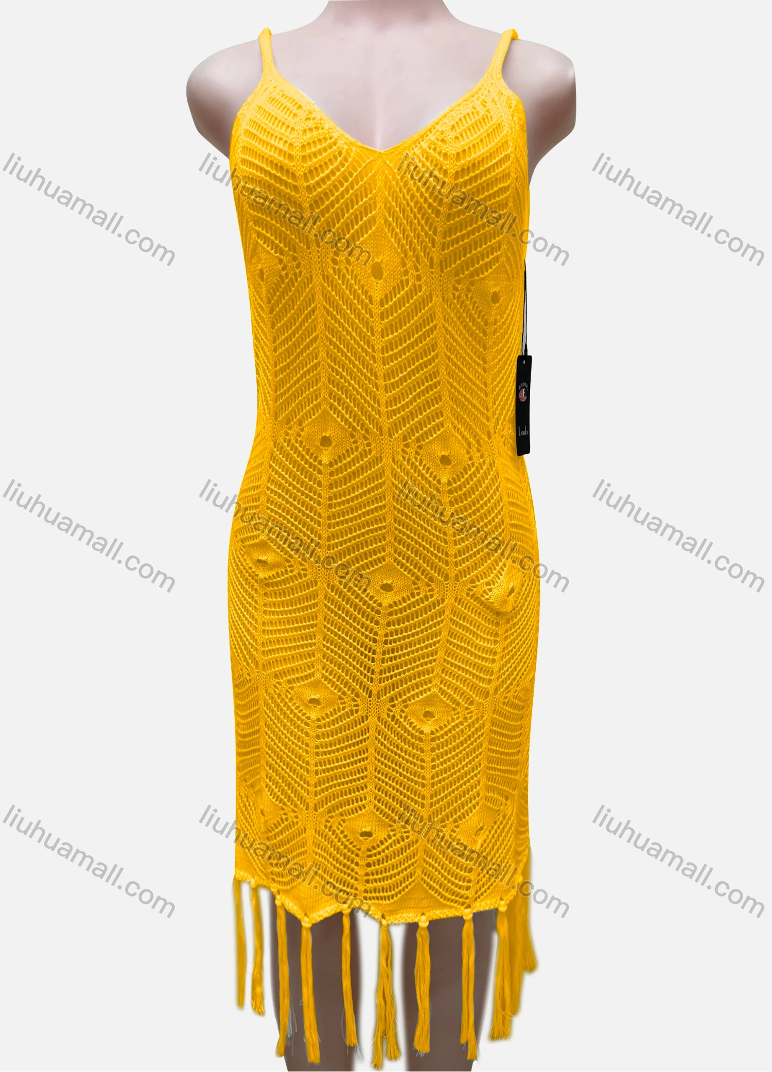 Wholesale Women's Vacation Sleeveless Hollow Out Tassel Hem Cover Up Dress J2441A# - Liuhuamall