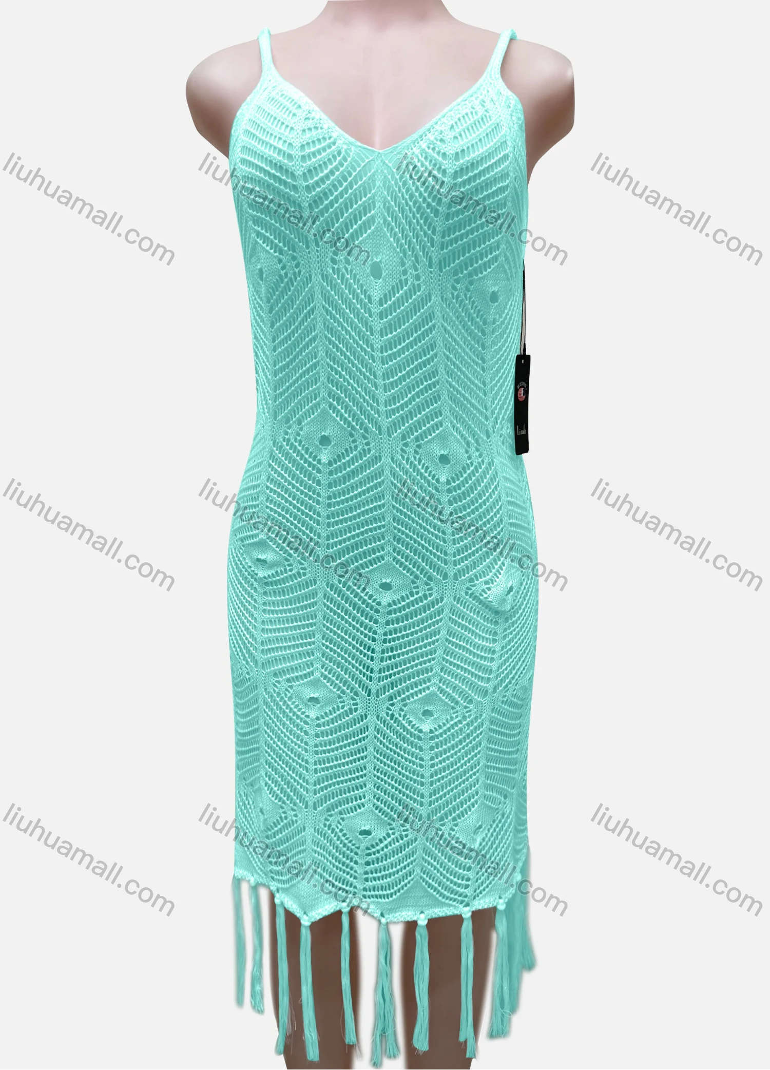 Wholesale Women's Vacation Sleeveless Hollow Out Tassel Hem Cover Up Dress J2441A# - Liuhuamall