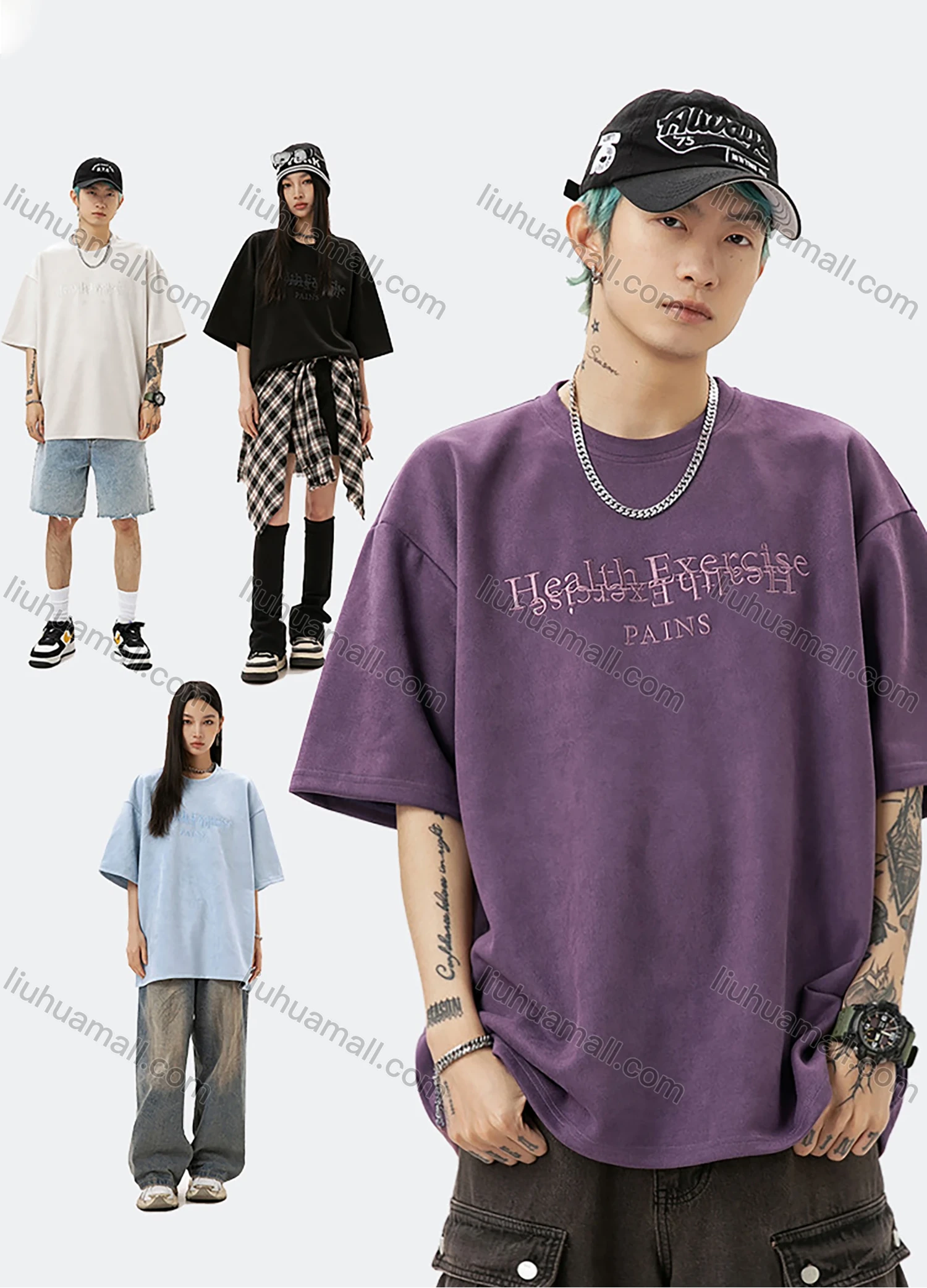 Wholesale Men's Fashion Plain Letter Round Neck Short Sleeve Unisex Drop Shoulder Suede T-shirts - Liuhuamall