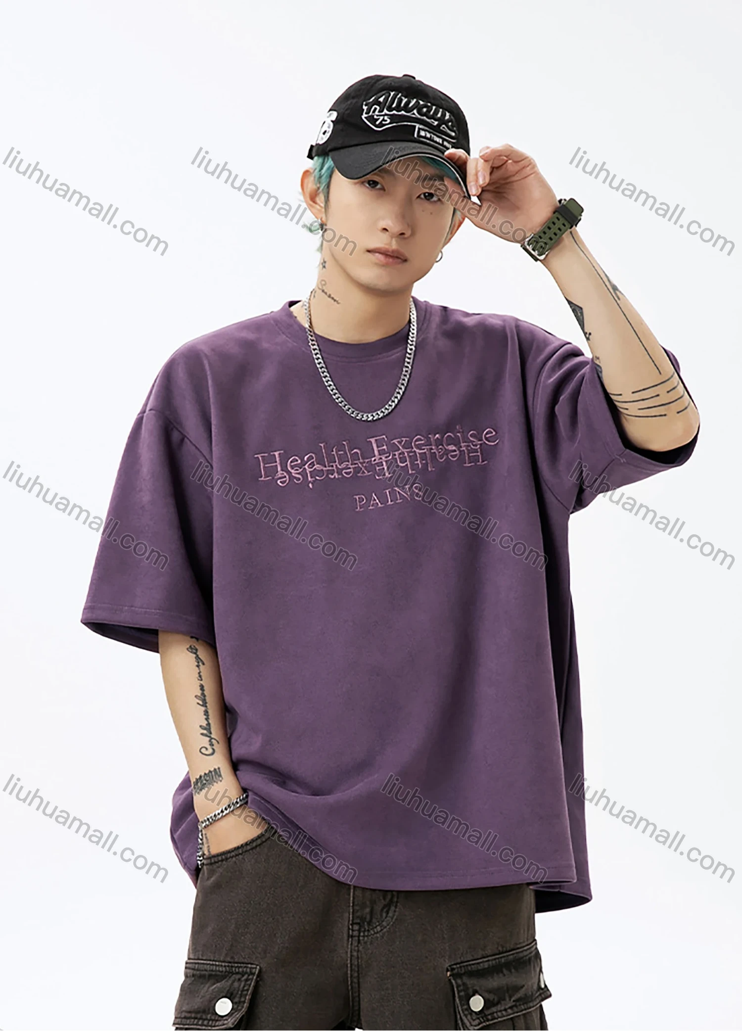 Wholesale Men's Fashion Plain Letter Round Neck Short Sleeve Unisex Drop Shoulder Suede T-shirts - Liuhuamall