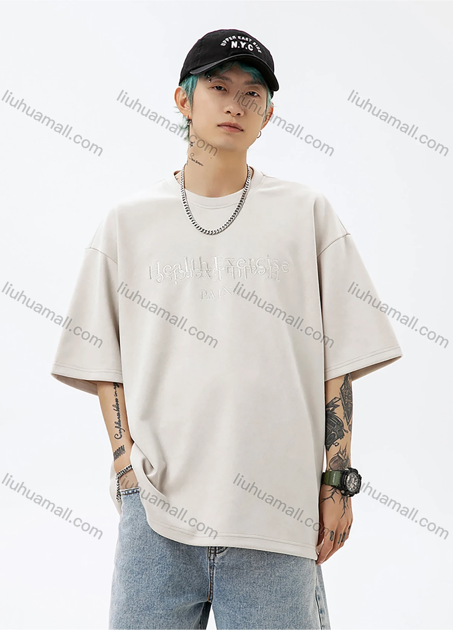 Wholesale Men's Fashion Plain Letter Round Neck Short Sleeve Unisex Drop Shoulder Suede T-shirts - Liuhuamall