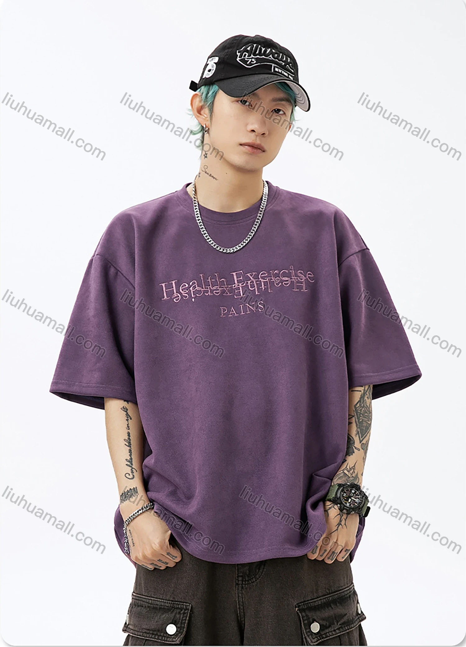 Wholesale Men's Fashion Plain Letter Round Neck Short Sleeve Unisex Drop Shoulder Suede T-shirts - Liuhuamall