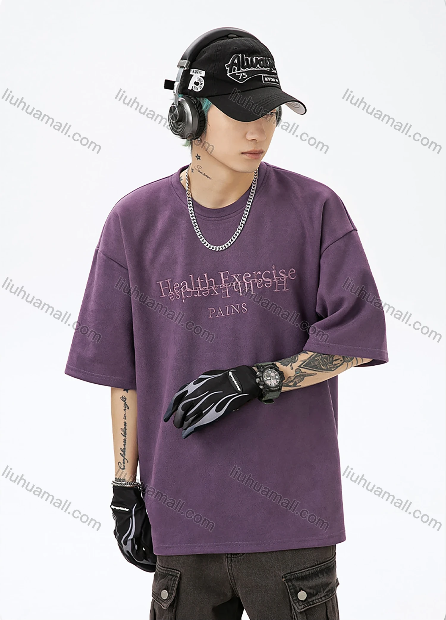 Wholesale Men's Fashion Plain Letter Round Neck Short Sleeve Unisex Drop Shoulder Suede T-shirts - Liuhuamall