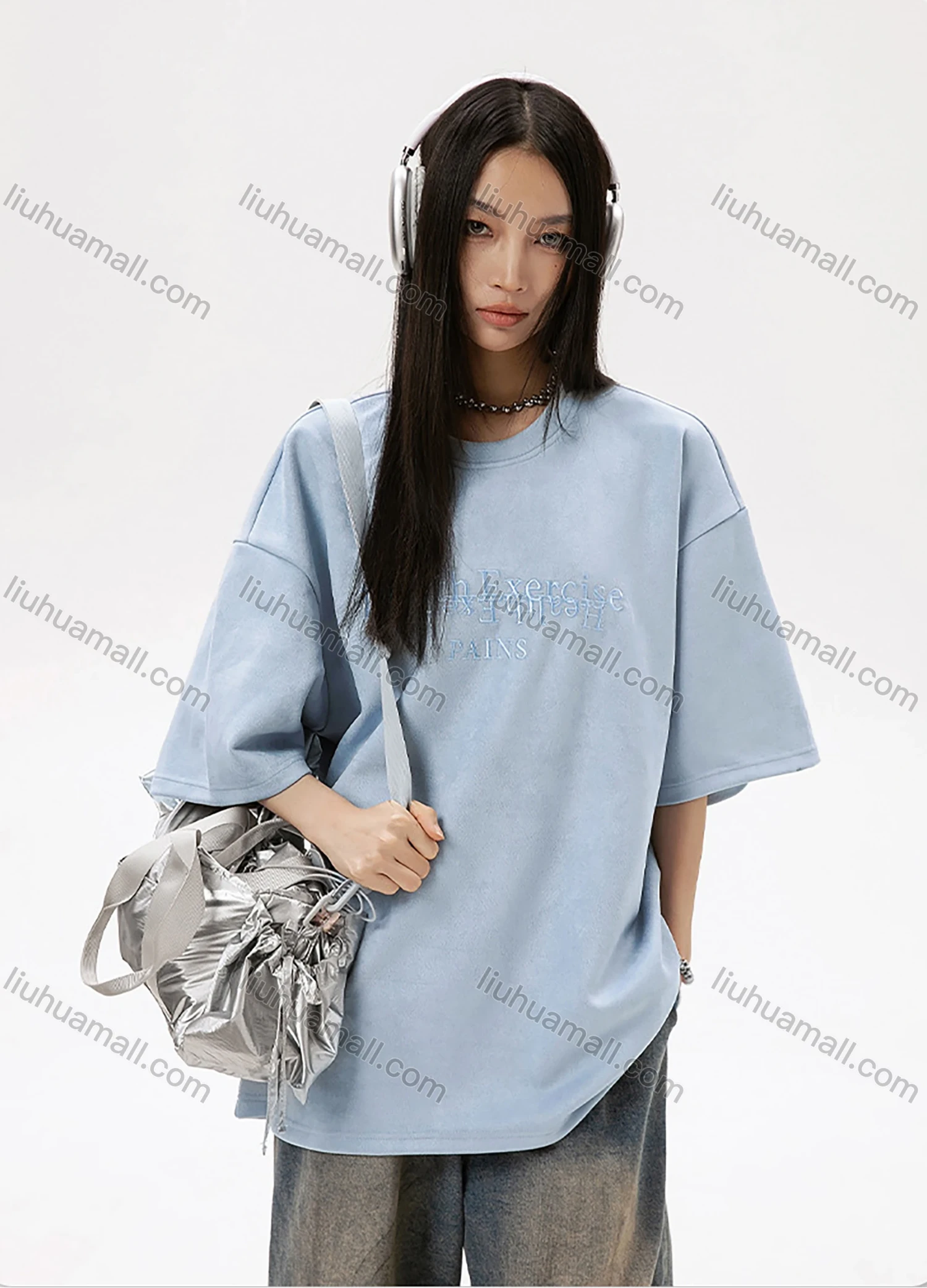 Wholesale Men's Fashion Plain Letter Round Neck Short Sleeve Unisex Drop Shoulder Suede T-shirts - Liuhuamall