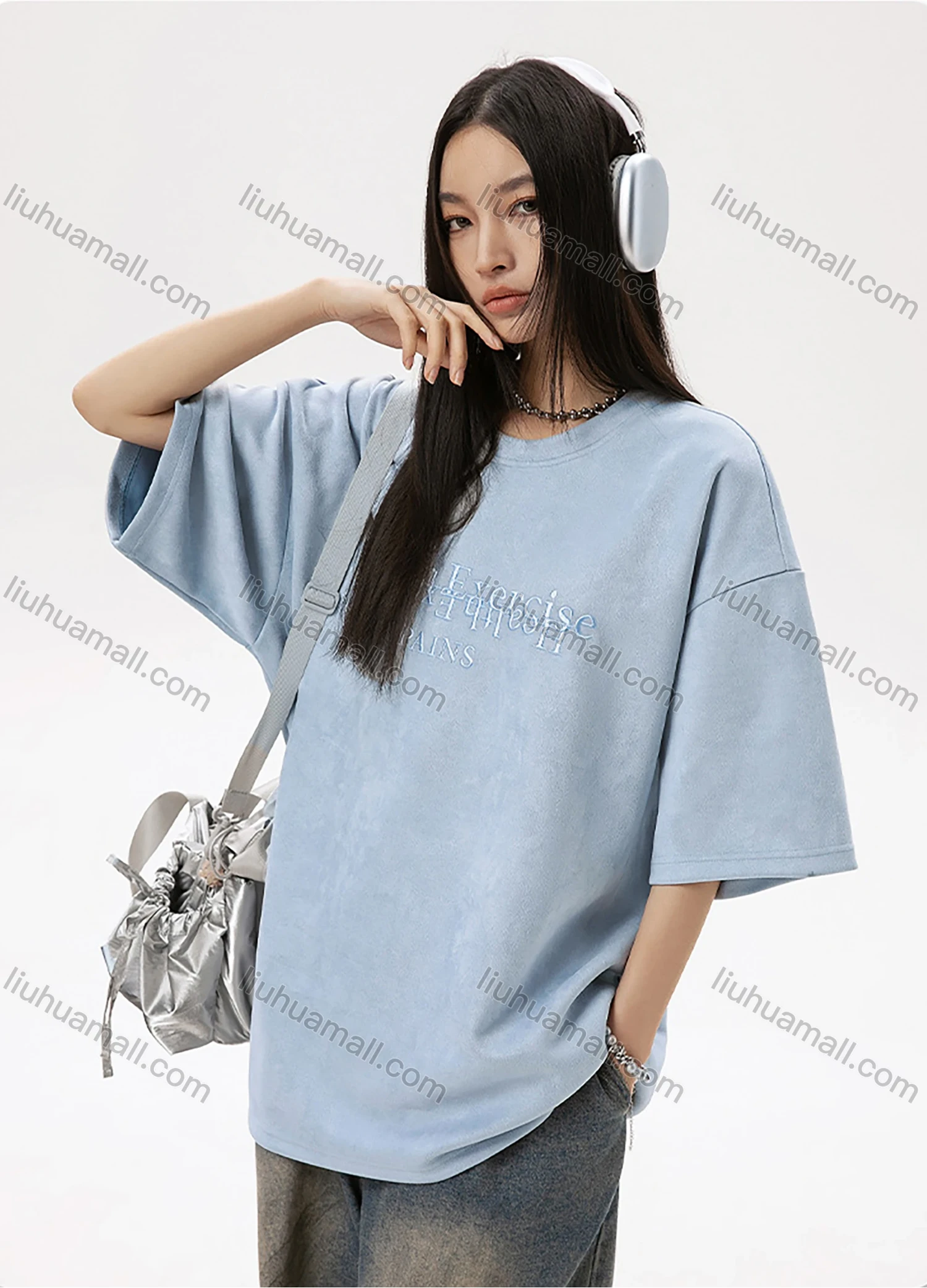 Wholesale Men's Fashion Plain Letter Round Neck Short Sleeve Unisex Drop Shoulder Suede T-shirts - Liuhuamall