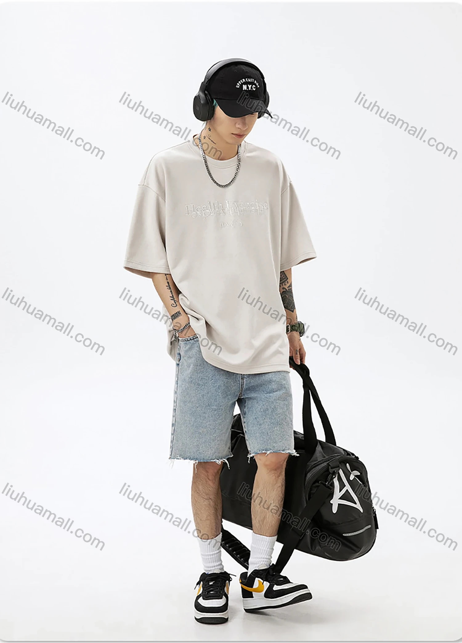 Wholesale Men's Fashion Plain Letter Round Neck Short Sleeve Unisex Drop Shoulder Suede T-shirts - Liuhuamall