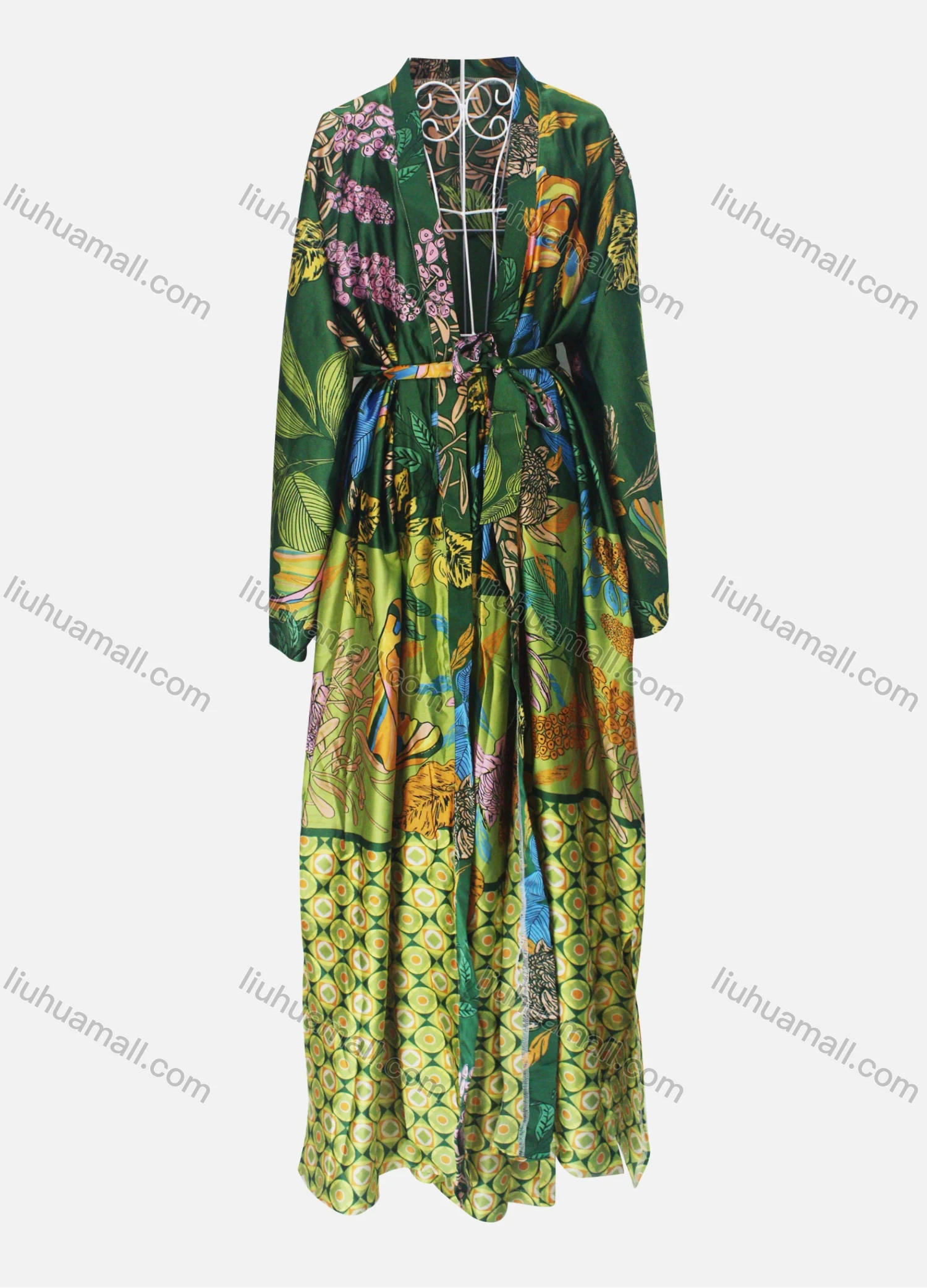 Wholesale Women's Casual Belted Splicing Floral Print Cardigan & Ankle Length Pant Set - Liuhuamall