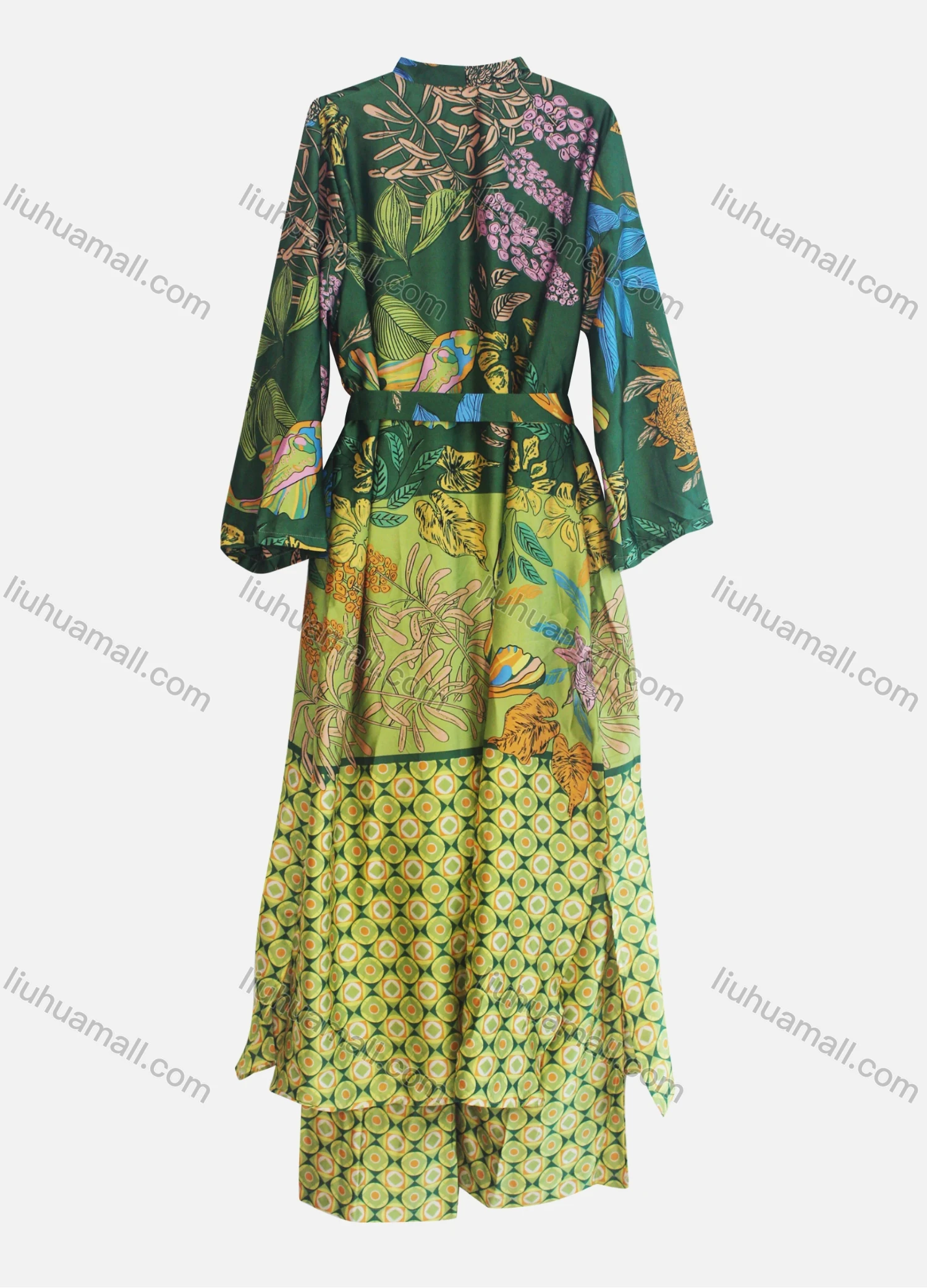 Wholesale Women's Casual Belted Splicing Floral Print Cardigan & Ankle Length Pant Set - Liuhuamall