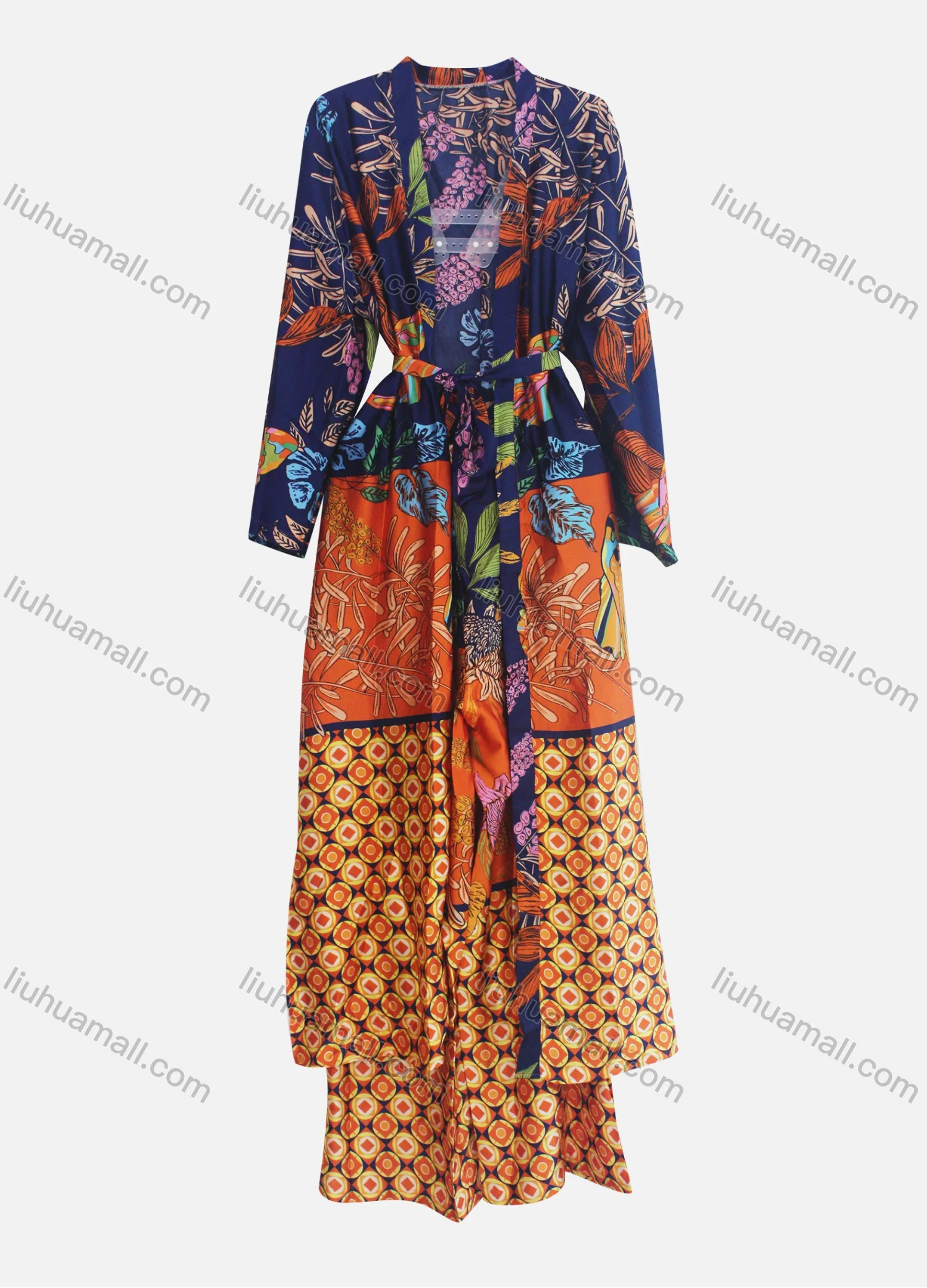 Wholesale Women's Casual Belted Splicing Floral Geometric Print Cardigan & Ankle Length Pant Set - Liuhuamall