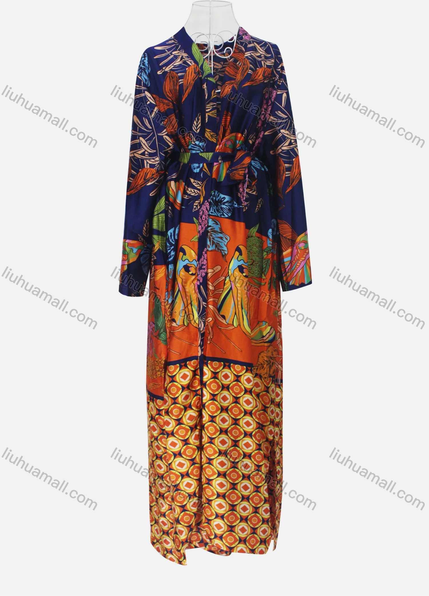 Wholesale Women's Casual Belted Splicing Floral Geometric Print Cardigan & Ankle Length Pant Set - Liuhuamall