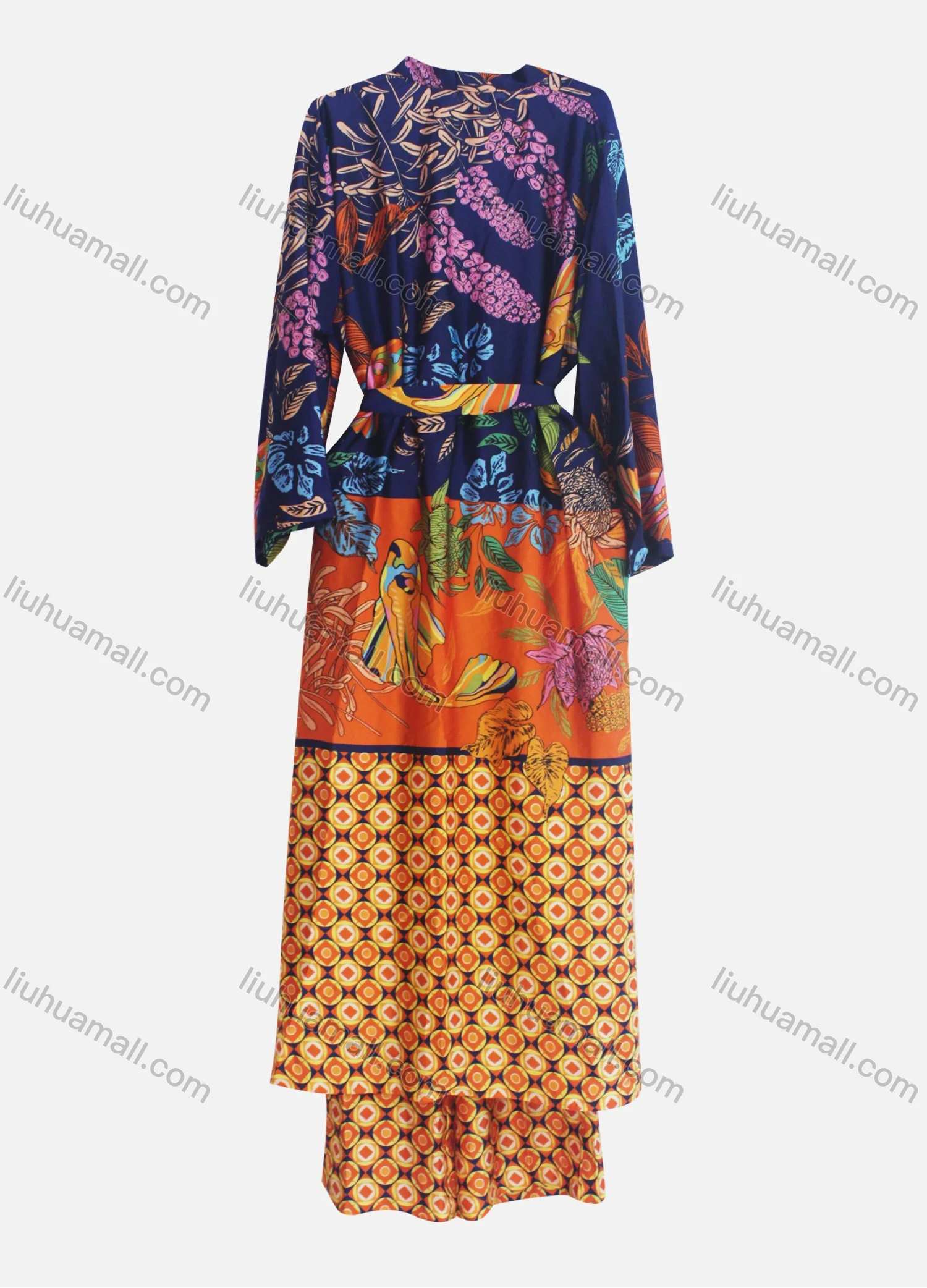 Wholesale Women's Casual Belted Splicing Floral Geometric Print Cardigan & Ankle Length Pant Set - Liuhuamall