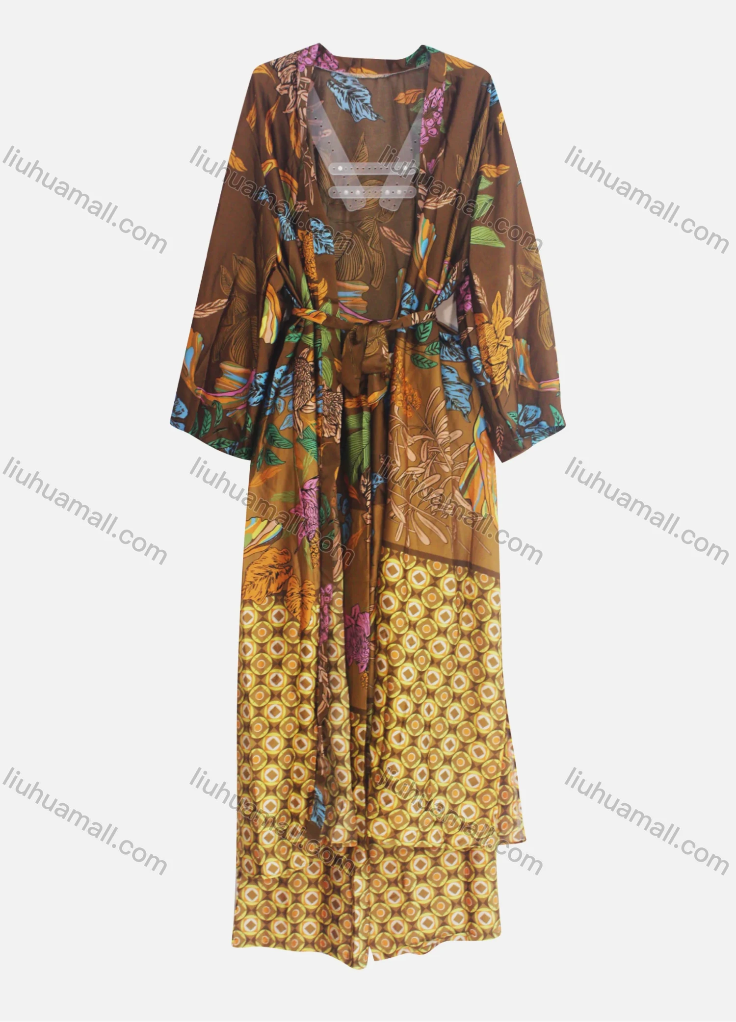 Wholesale Women's Casual Belted Splicing Floral Geometric Print Cardigan & Ankle Length Pant Set - Liuhuamall