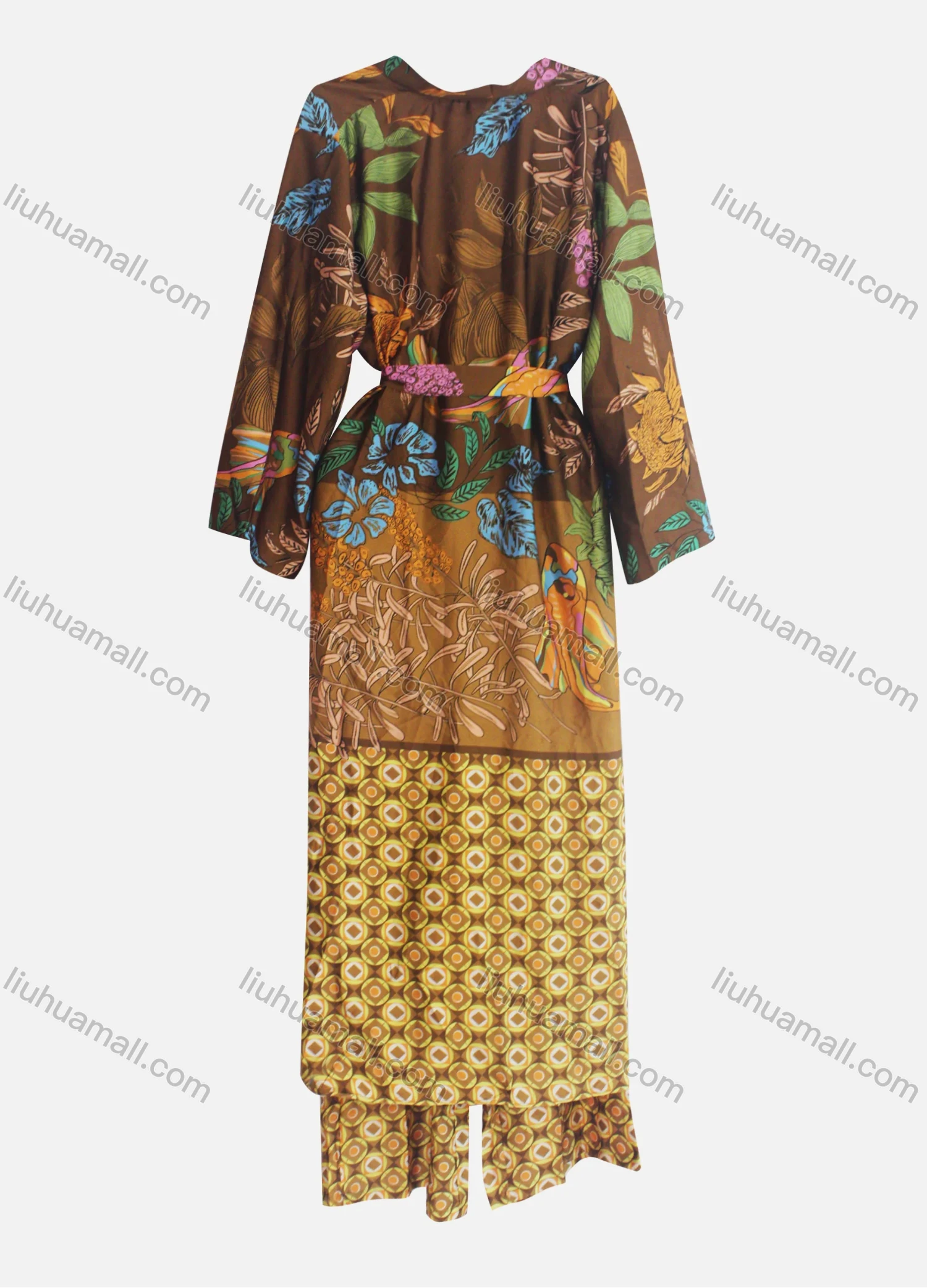 Wholesale Women's Casual Belted Splicing Floral Geometric Print Cardigan & Ankle Length Pant Set - Liuhuamall