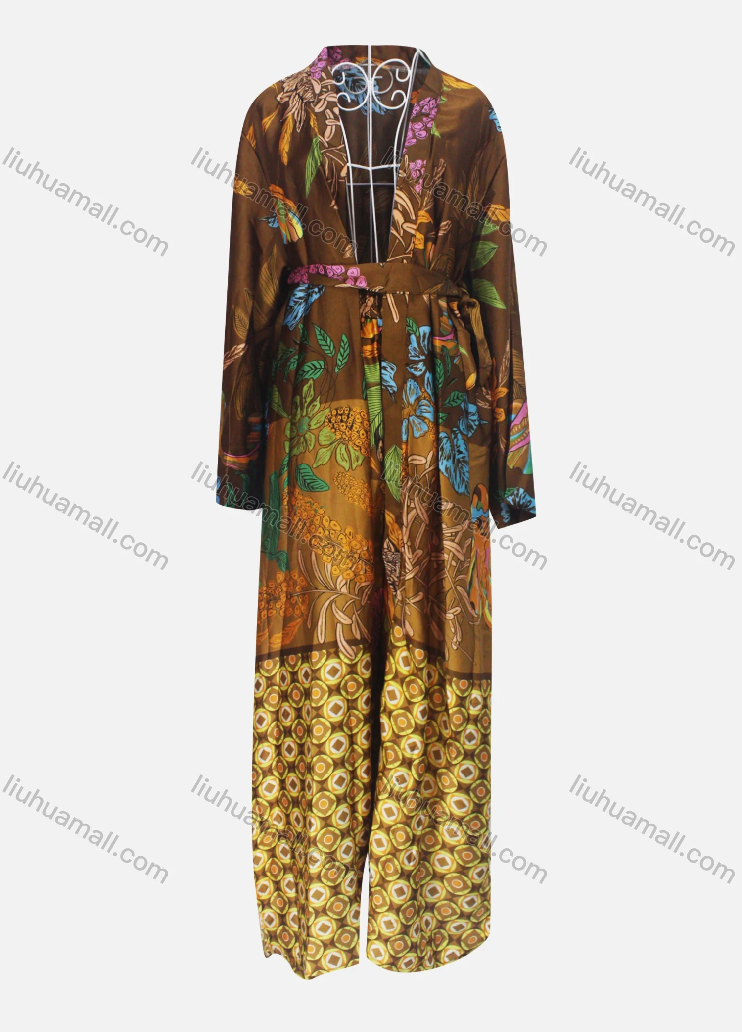 Wholesale Women's Casual Belted Splicing Floral Geometric Print Cardigan & Ankle Length Pant Set - Liuhuamall