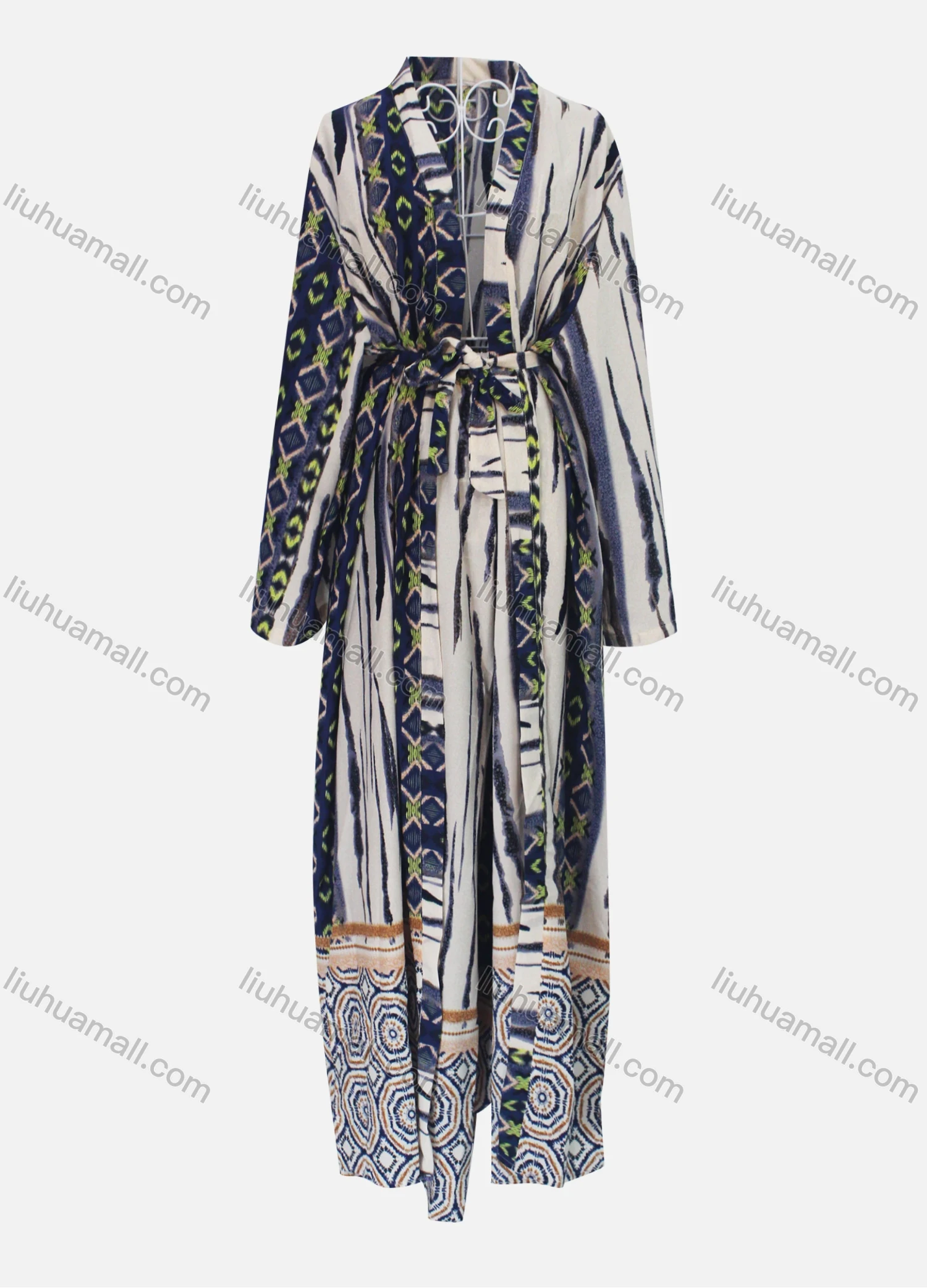 Wholesale Women's Casual Tribal Print Splicing Belted Cardigan & Ankle Length Pant Set - Liuhuamall