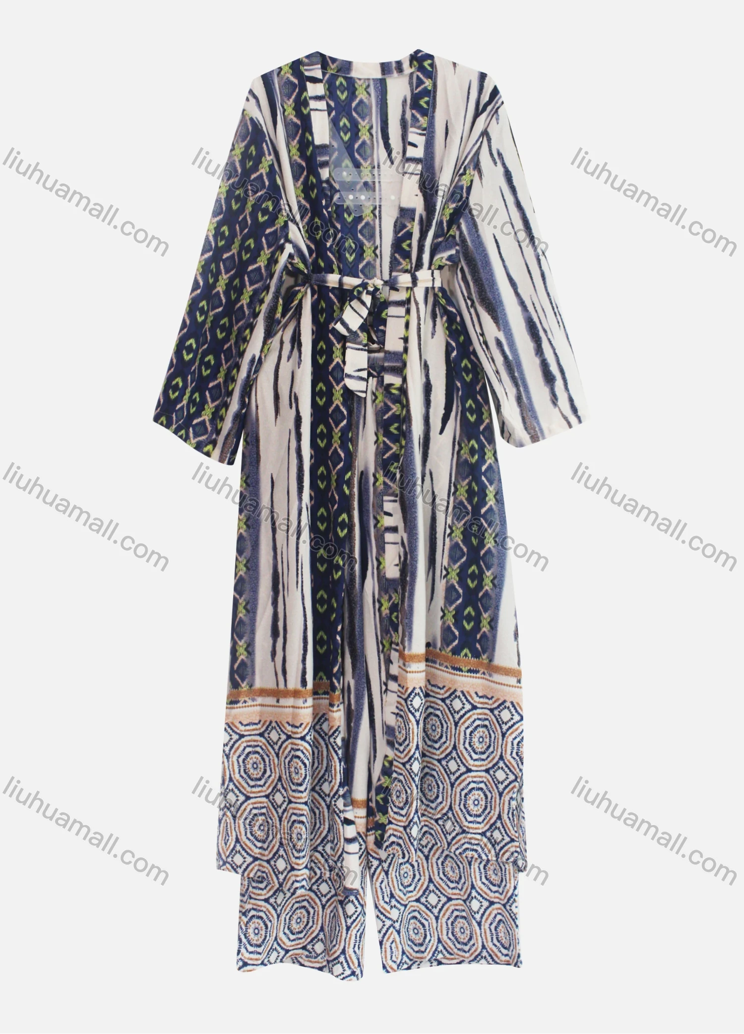 Wholesale Women's Casual Tribal Print Splicing Belted Cardigan & Ankle Length Pant Set - Liuhuamall