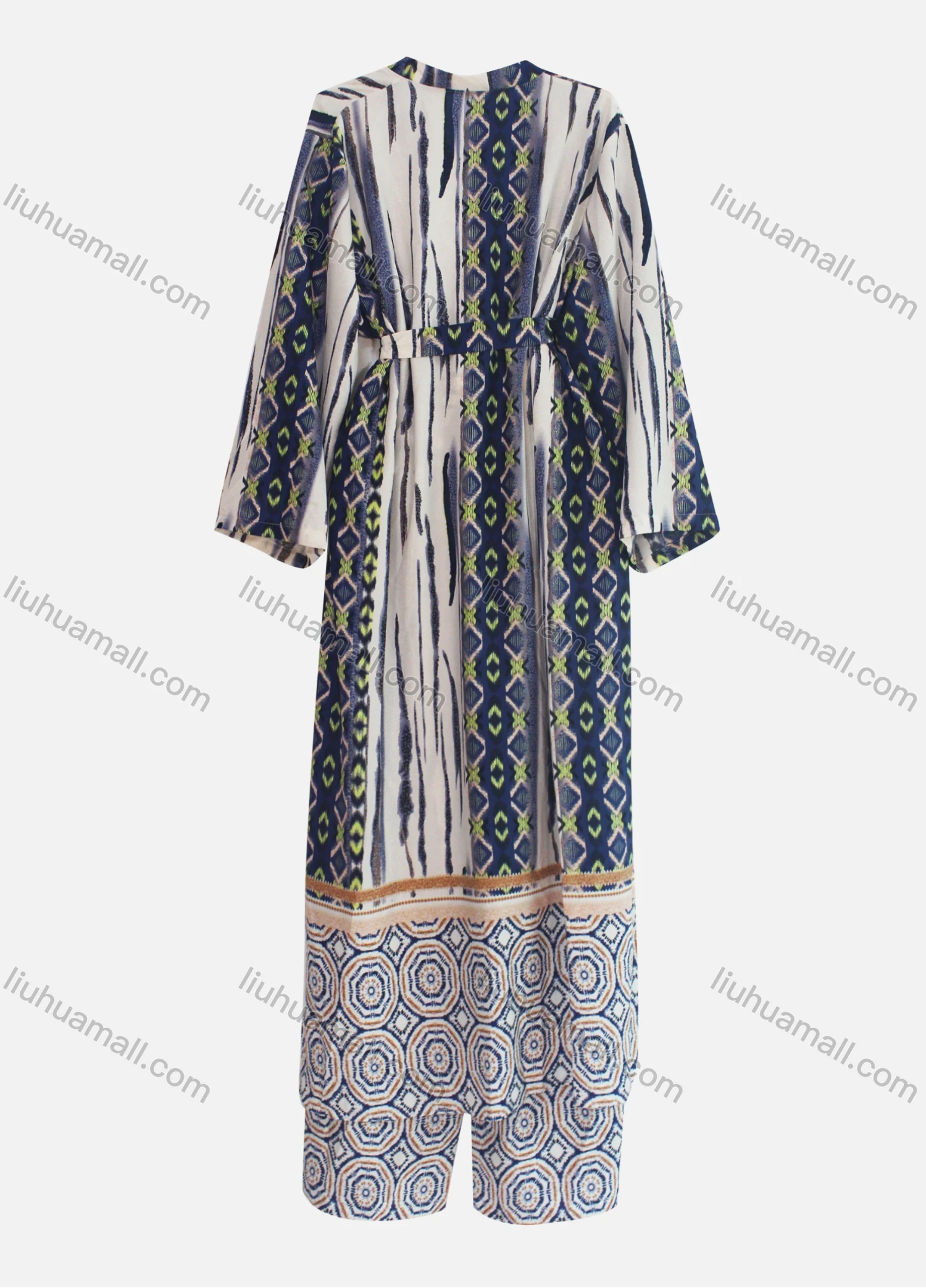 Wholesale Women's Casual Tribal Print Splicing Belted Cardigan & Ankle Length Pant Set - Liuhuamall