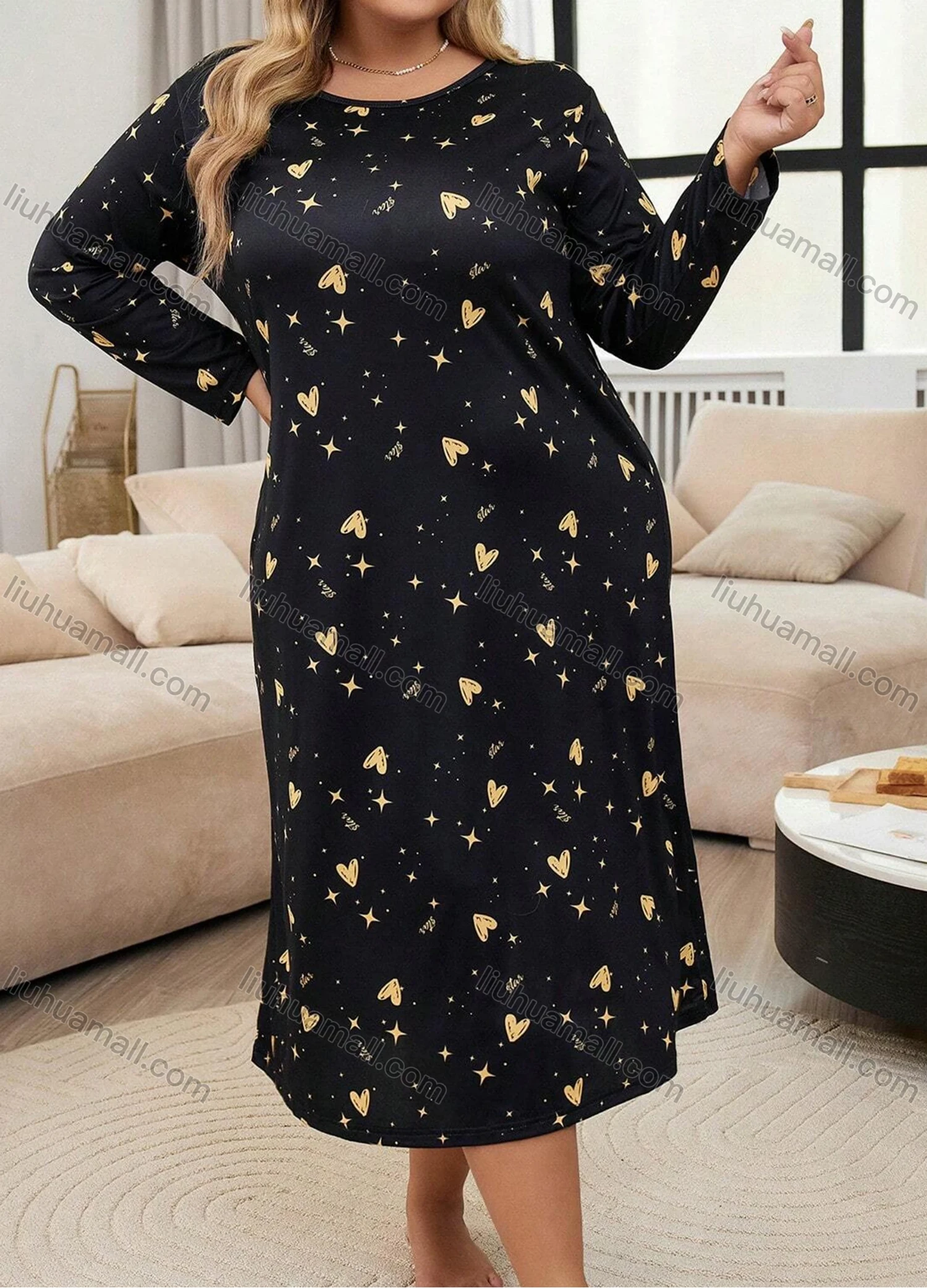Wholesale Women's Lounge Milk Silk Heart Star Print Round Neck Long Sleeve Soft Nightdress DM14-01# - Liuhuamall