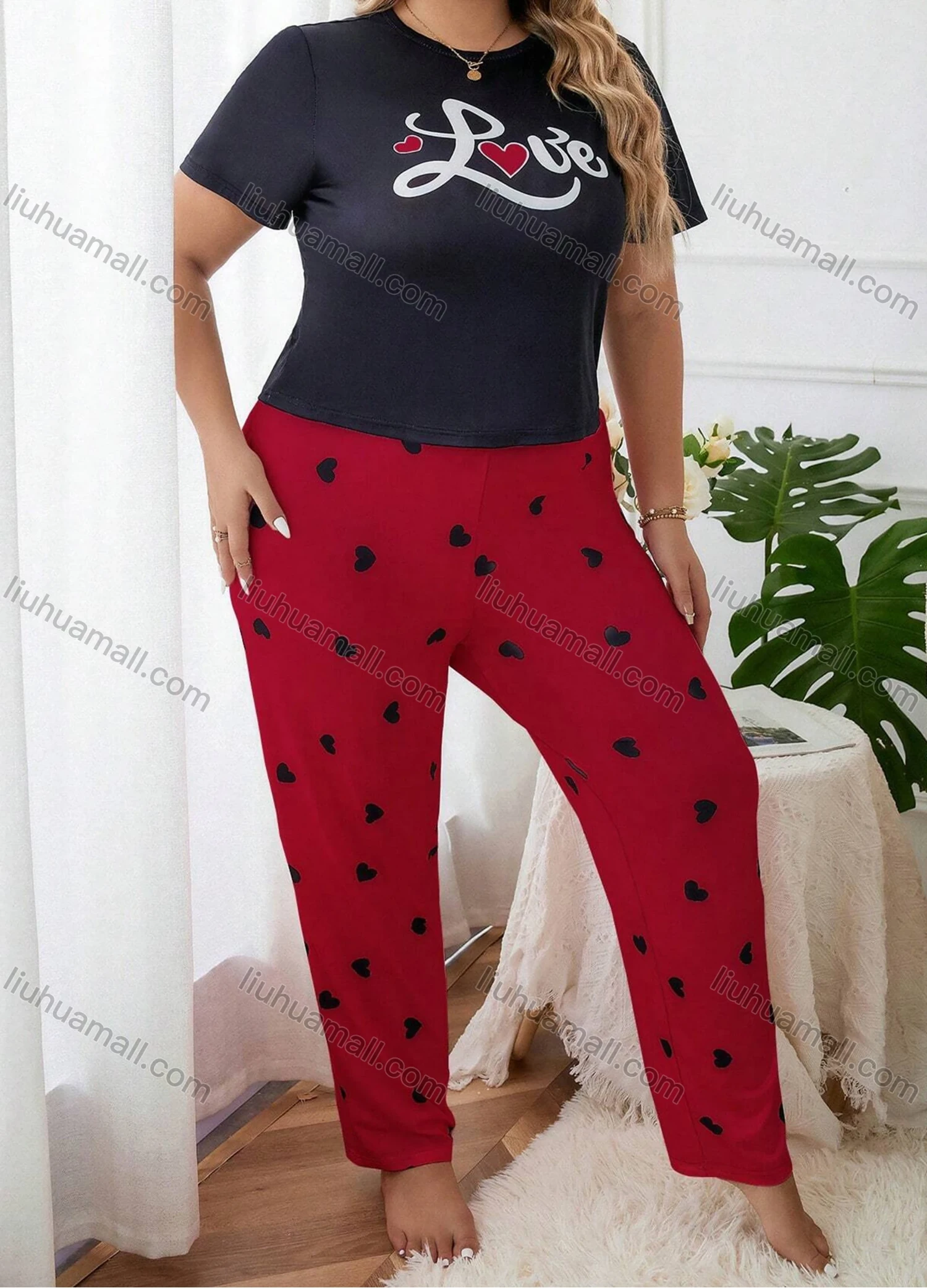 Wholesale Women's Lounge Milk Silk Letter Print Short Sleeve T-shirt & Heart Print Pant Pajamas Sets DM023-01# - Liuhuamall