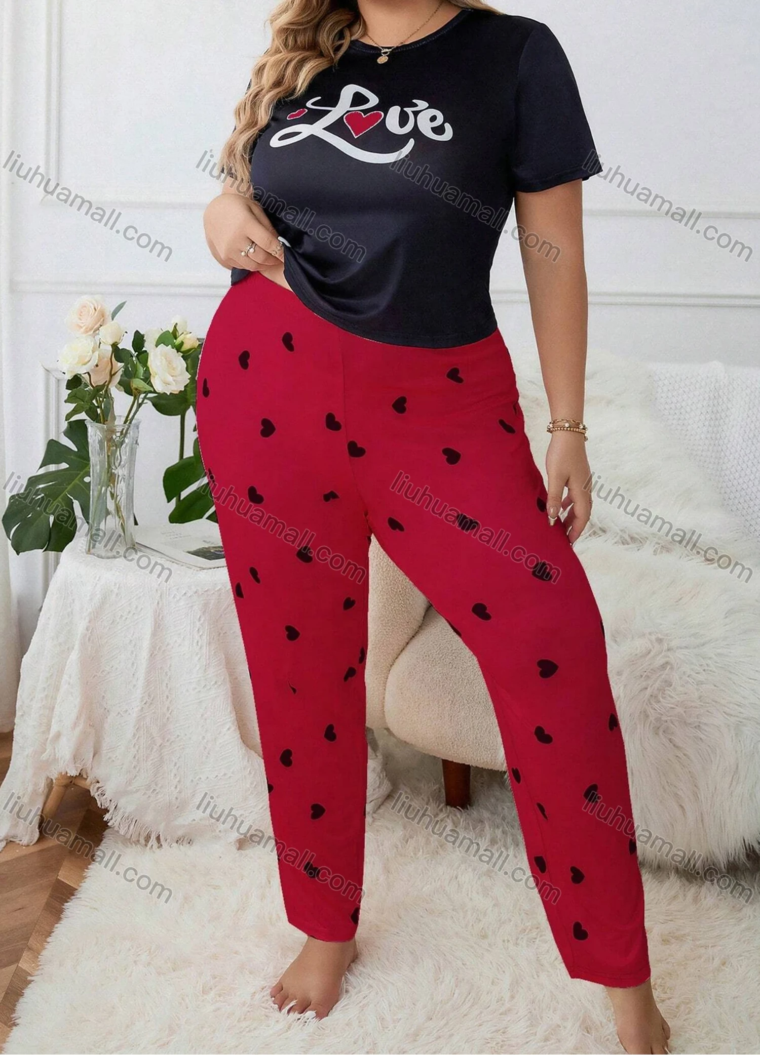 Wholesale Women's Lounge Milk Silk Letter Print Short Sleeve T-shirt & Heart Print Pant Pajamas Sets DM023-01# - Liuhuamall