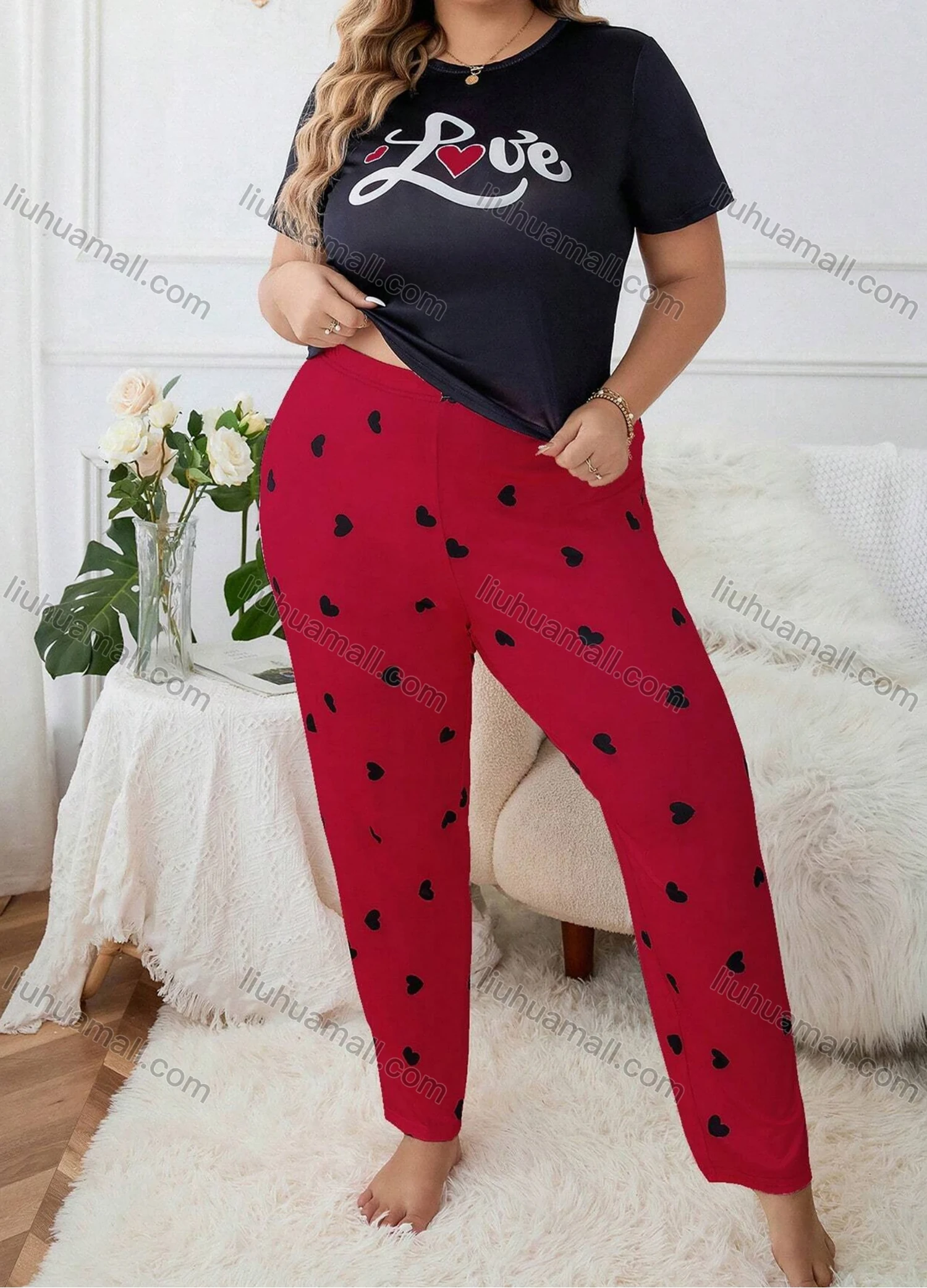 Wholesale Women's Lounge Milk Silk Letter Print Short Sleeve T-shirt & Heart Print Pant Pajamas Sets DM023-01# - Liuhuamall