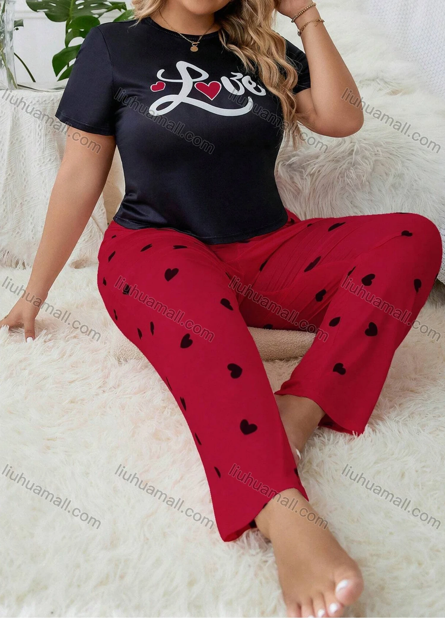 Wholesale Women's Lounge Milk Silk Letter Print Short Sleeve T-shirt & Heart Print Pant Pajamas Sets DM023-01# - Liuhuamall