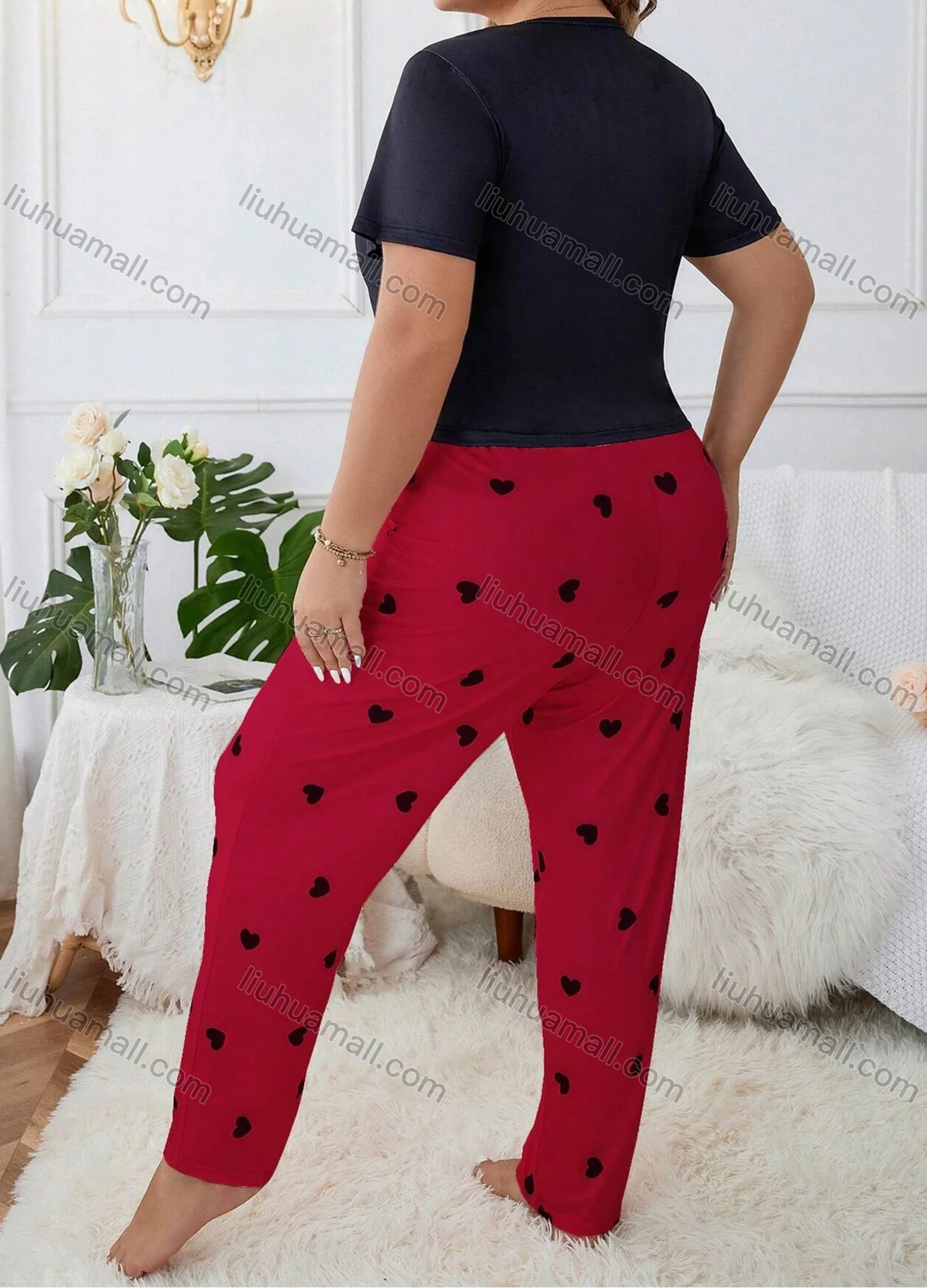 Wholesale Women's Lounge Milk Silk Letter Print Short Sleeve T-shirt & Heart Print Pant Pajamas Sets DM023-01# - Liuhuamall