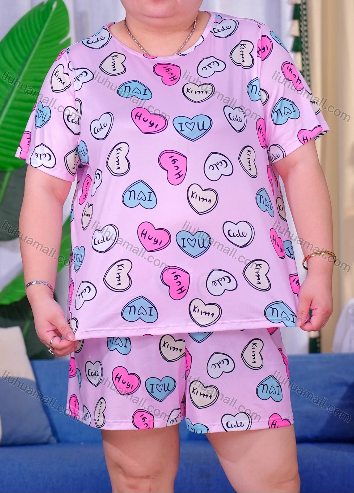 Wholesale Women's Lounge Milk Silk Heart Letter Print Short Sleeve T-shirt & Shorts Pajamas Sets DM2303# - Liuhuamall