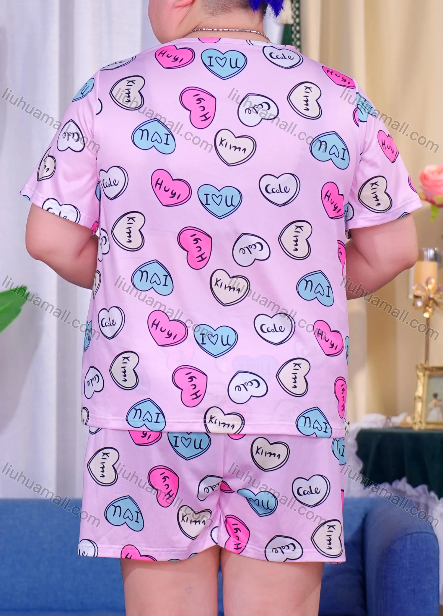 Wholesale Women's Lounge Milk Silk Heart Letter Print Short Sleeve T-shirt & Shorts Pajamas Sets DM2303# - Liuhuamall