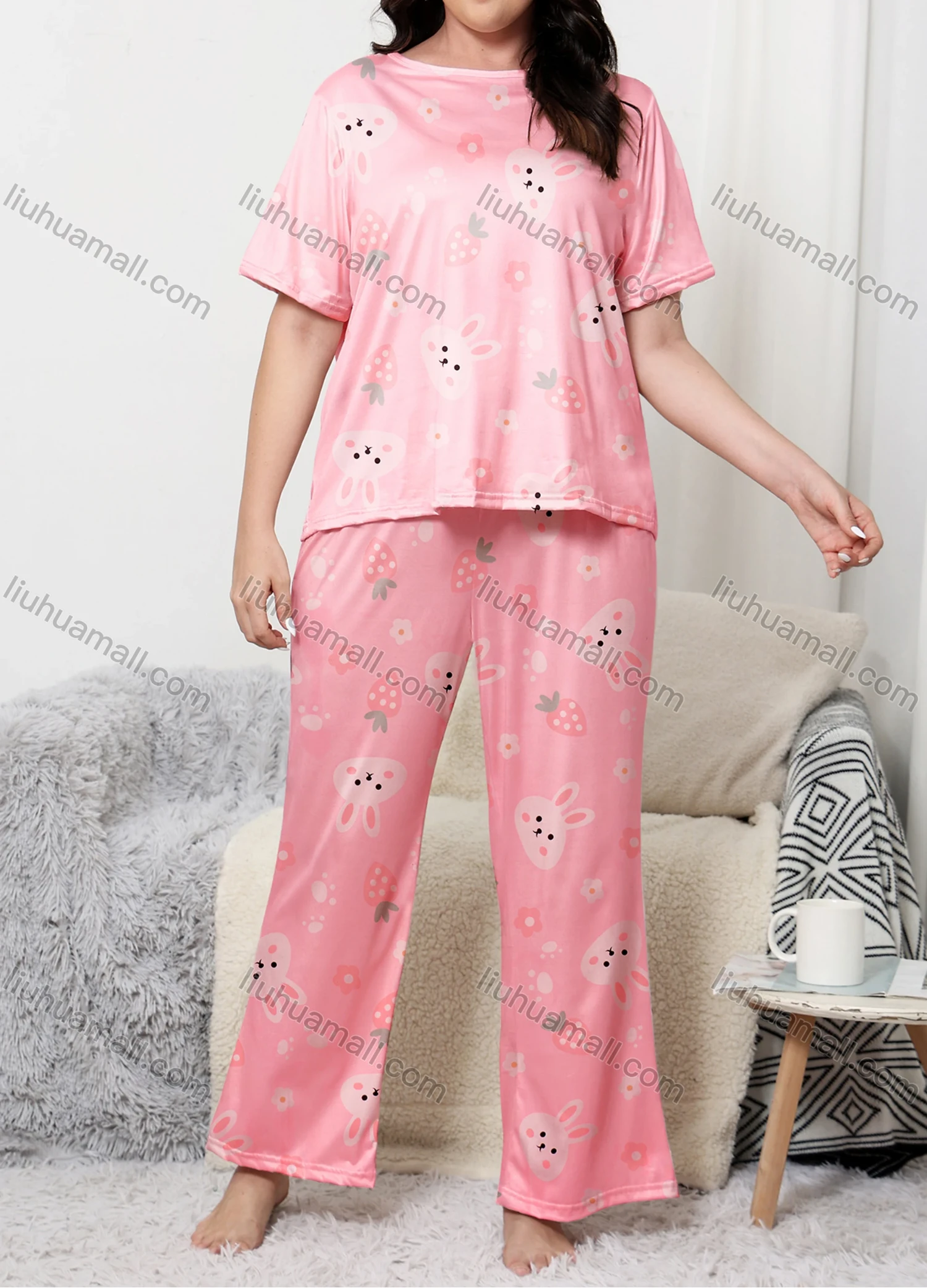 Wholesale Women's Lounge Milk Silk Strawberry Animal Print Short Sleeve T-shirt & Pant Pajamas Sets DM02304# - Liuhuamall