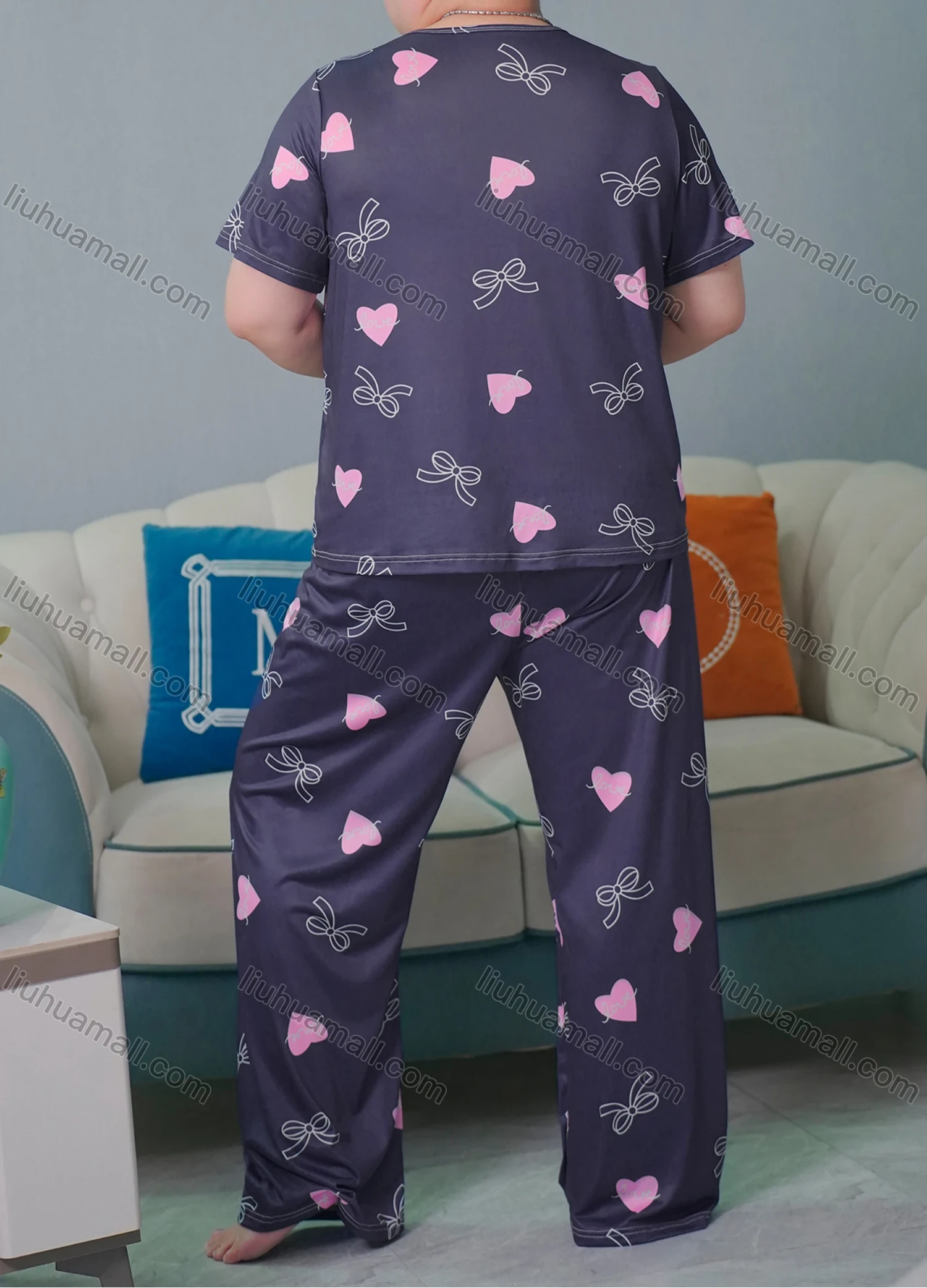 Wholesale Women's Lounge Milk Silk Heart Bowknot Print Short Sleeve T-shirt & Pant Pajamas Sets DM02304-01# - Liuhuamall