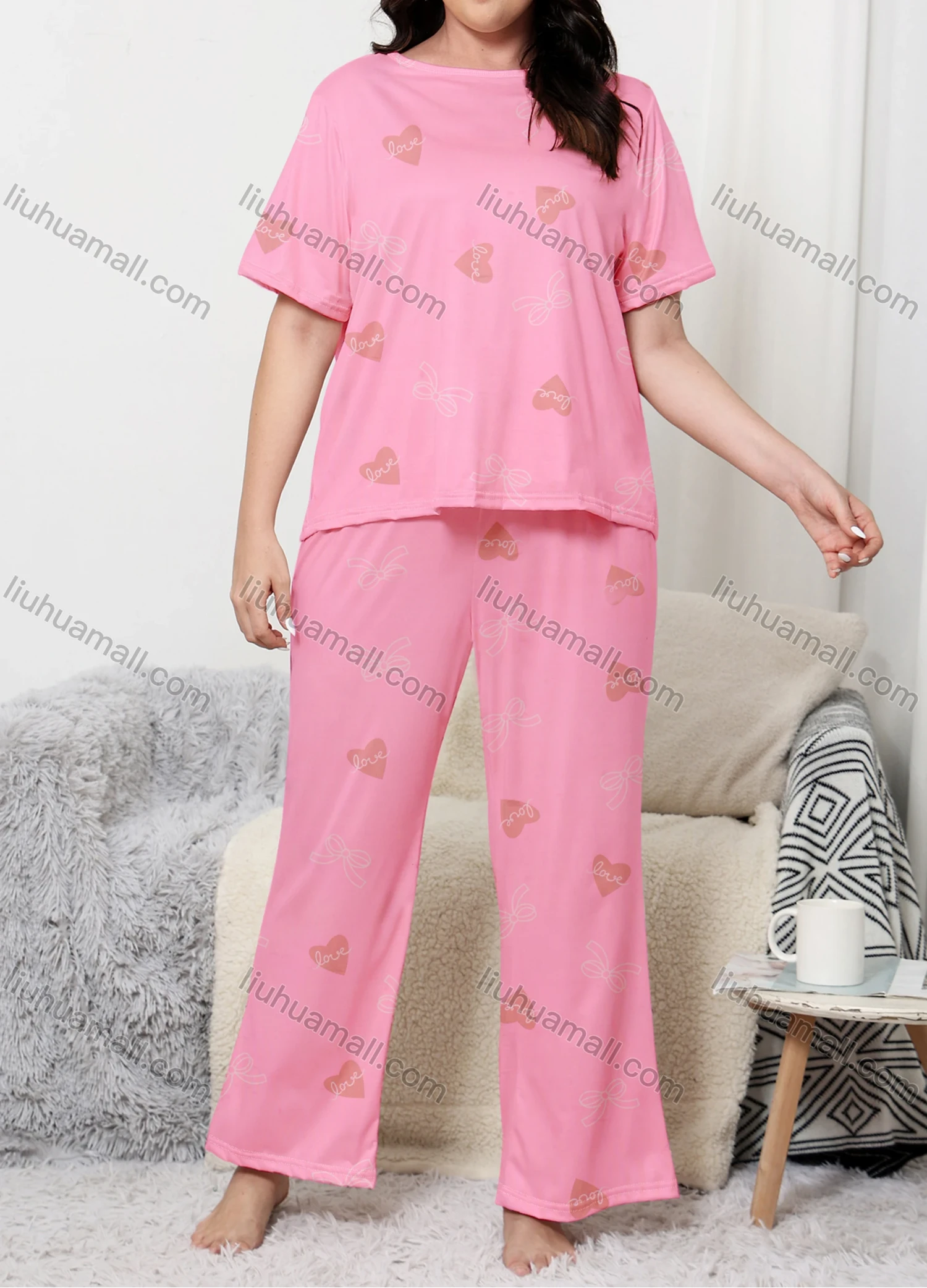 Wholesale Women's Lounge Milk Silk Heart Bowknot Print Short Sleeve T-shirt & Pant Pajamas Sets DM02304-01A# - Liuhuamall