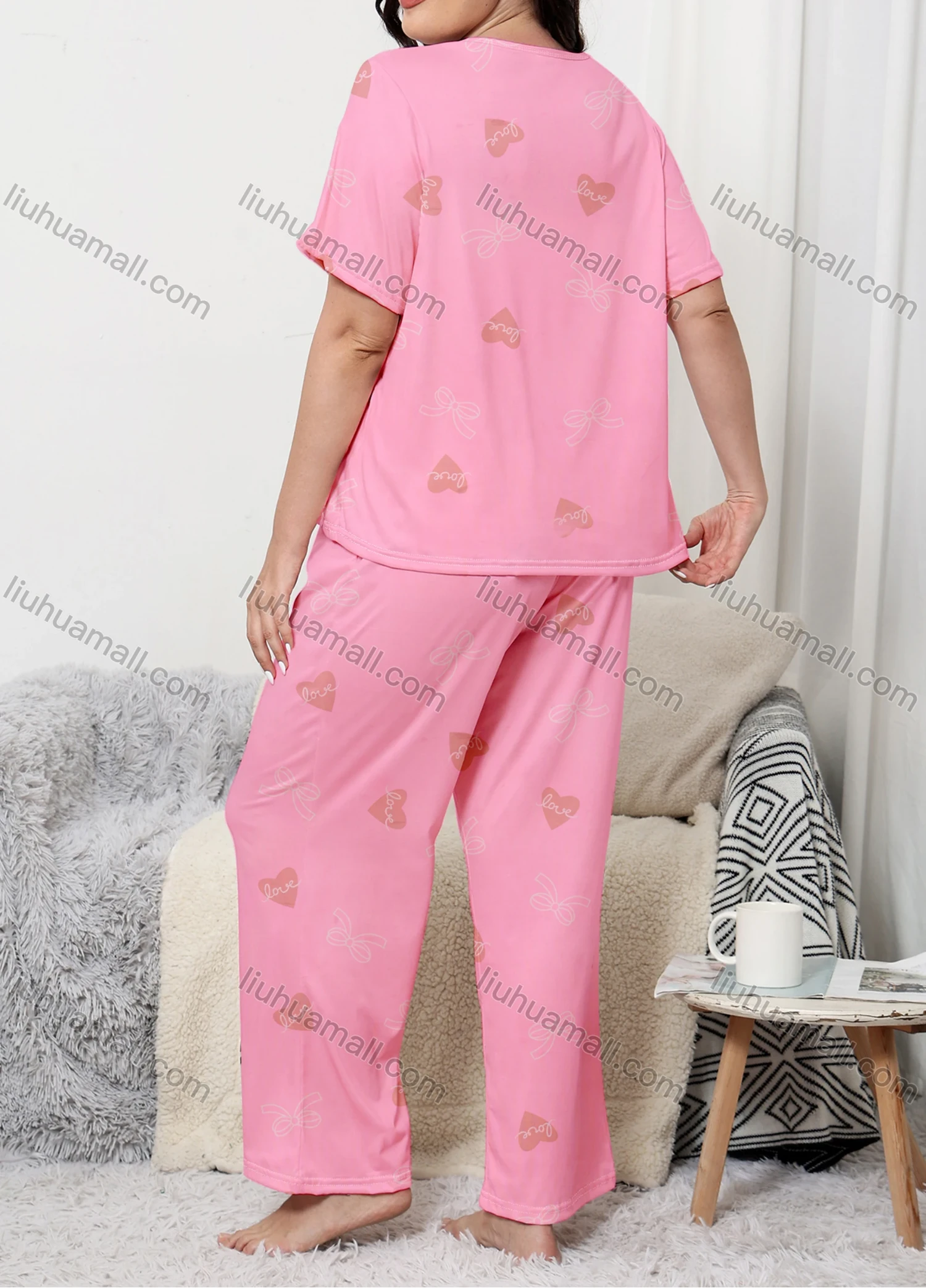 Wholesale Women's Lounge Milk Silk Heart Bowknot Print Short Sleeve T-shirt & Pant Pajamas Sets DM02304-01A# - Liuhuamall