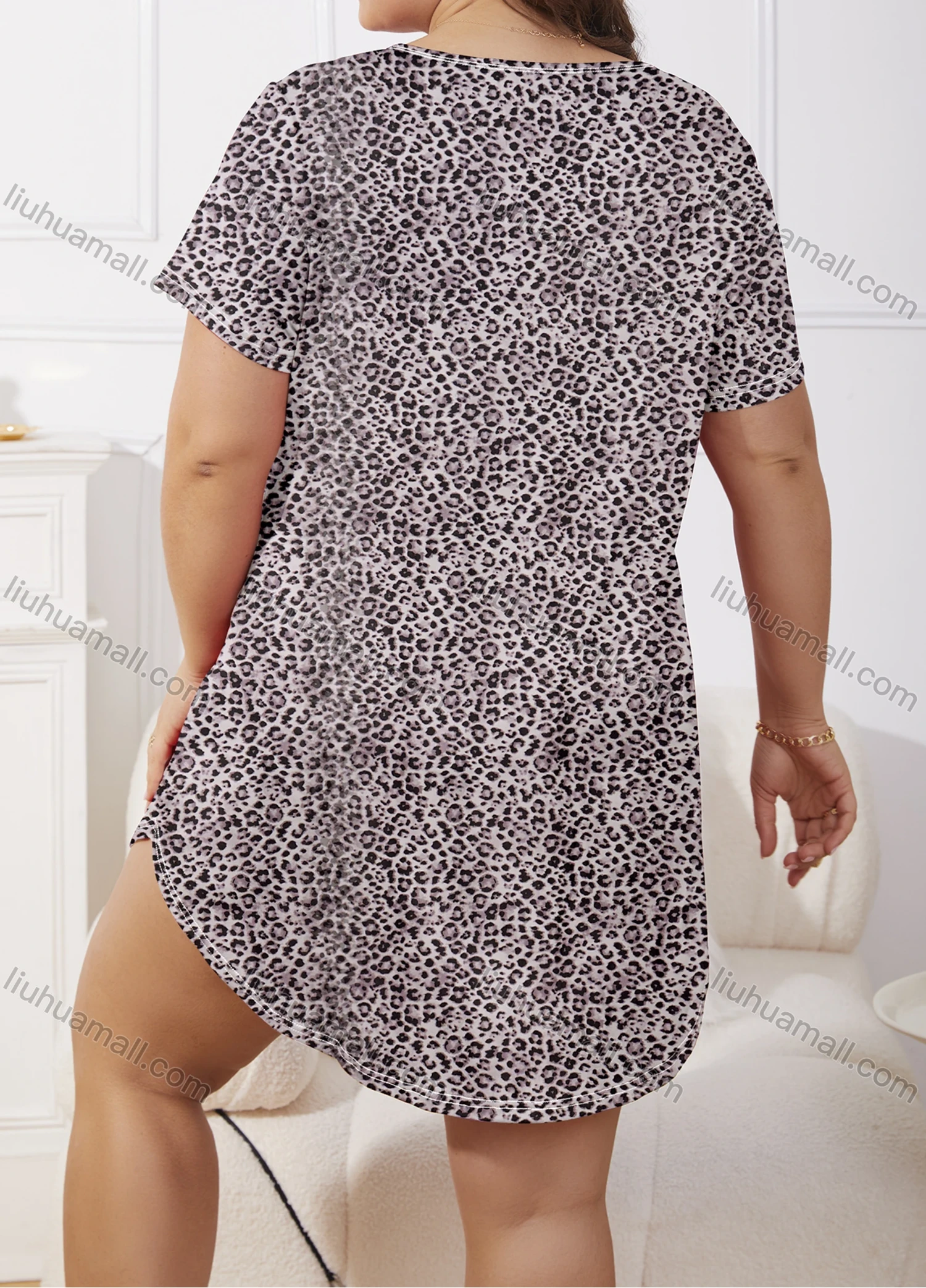 Wholesale Women's Milk Silk Leopard Print Curved Hem Round Neck Short Sleeve Lounge Nightdress DM1302-01# - Liuhuamall