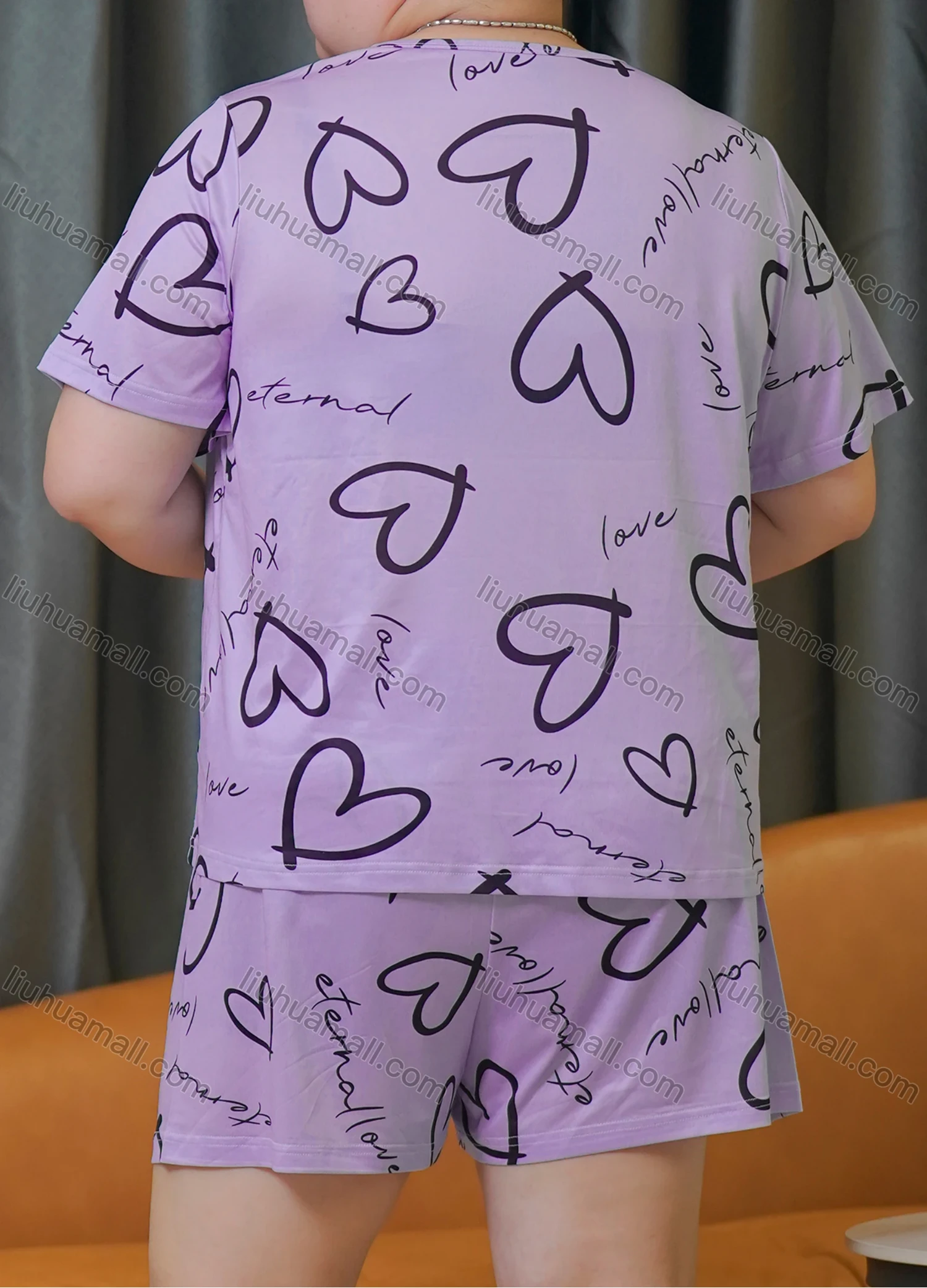 Wholesale Women's Lounge Milk Silk Heart Letter Print Short Sleeve T-shirt & Shorts Pajamas Sets DM2303-02# - Liuhuamall