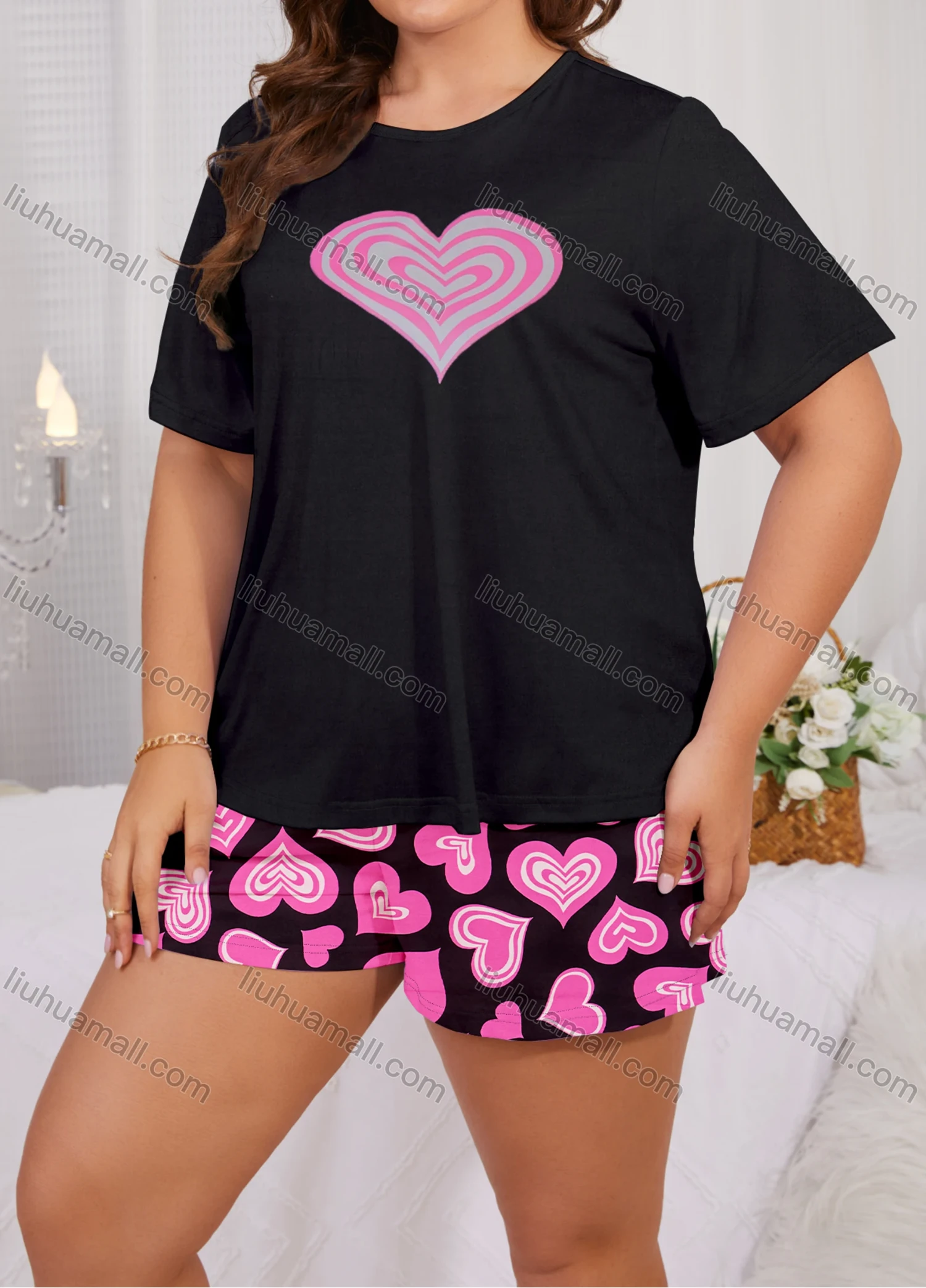 Wholesale Women's Lounge Milk Silk Heart Print Short Sleeve T-shirt & Shorts Pajamas Sets DM2306# - Liuhuamall