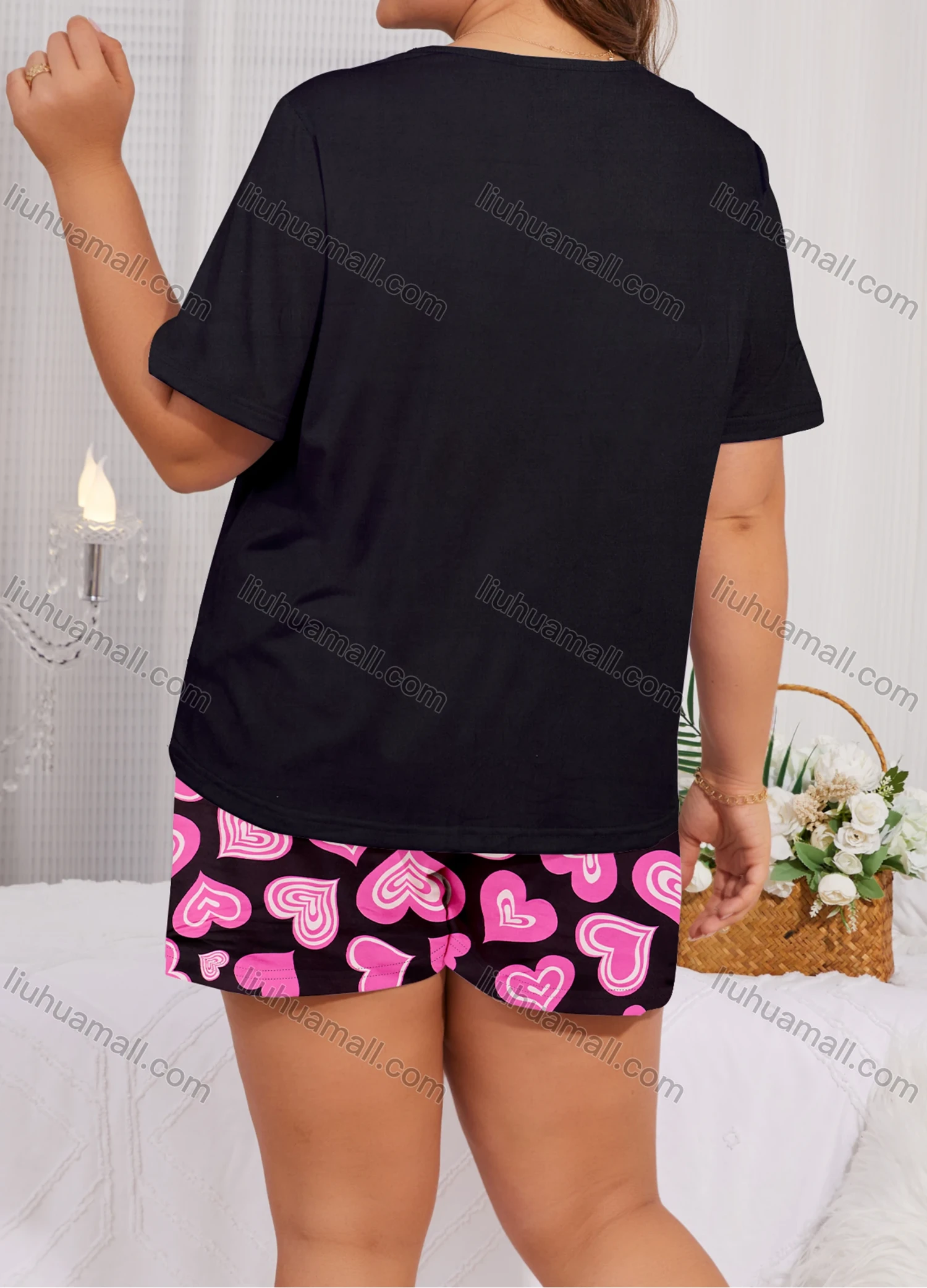 Wholesale Women's Lounge Milk Silk Heart Print Short Sleeve T-shirt & Shorts Pajamas Sets DM2306# - Liuhuamall