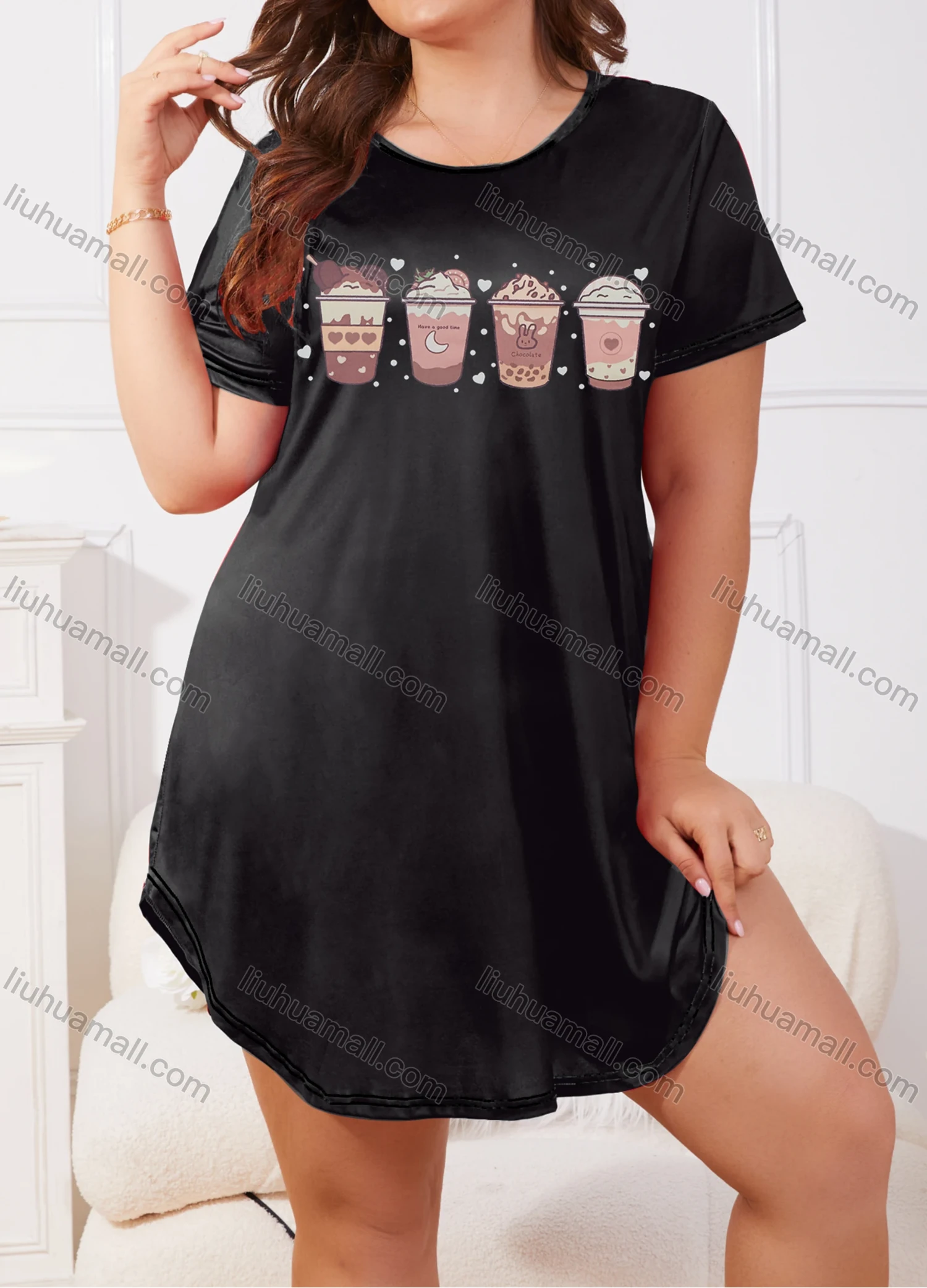 Wholesale Women's Milk Silk Graphic Print Curved Hem Round Neck Short Sleeve Lounge Nightdress DM1303# - Liuhuamall