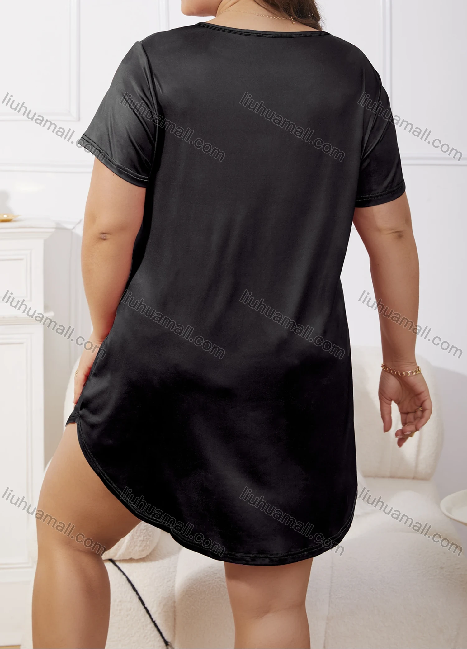 Wholesale Women's Milk Silk Graphic Print Curved Hem Round Neck Short Sleeve Lounge Nightdress DM1303# - Liuhuamall