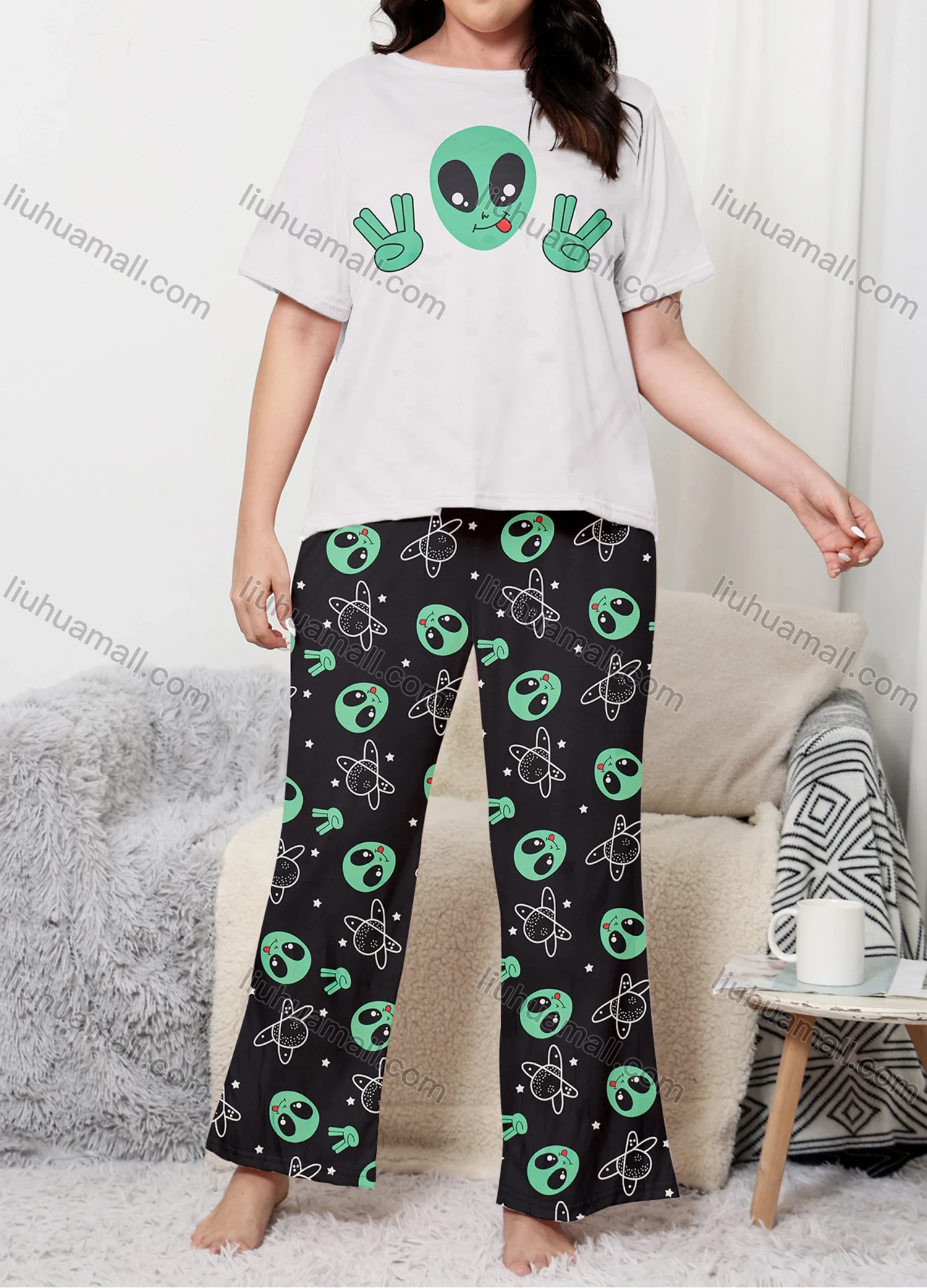 Wholesale Women's Lounge Milk Silk Graphic Print Short Sleeve T-shirt & Allover Print Pant Soft Pajamas Sets DM02302-02# - Liuhuamall