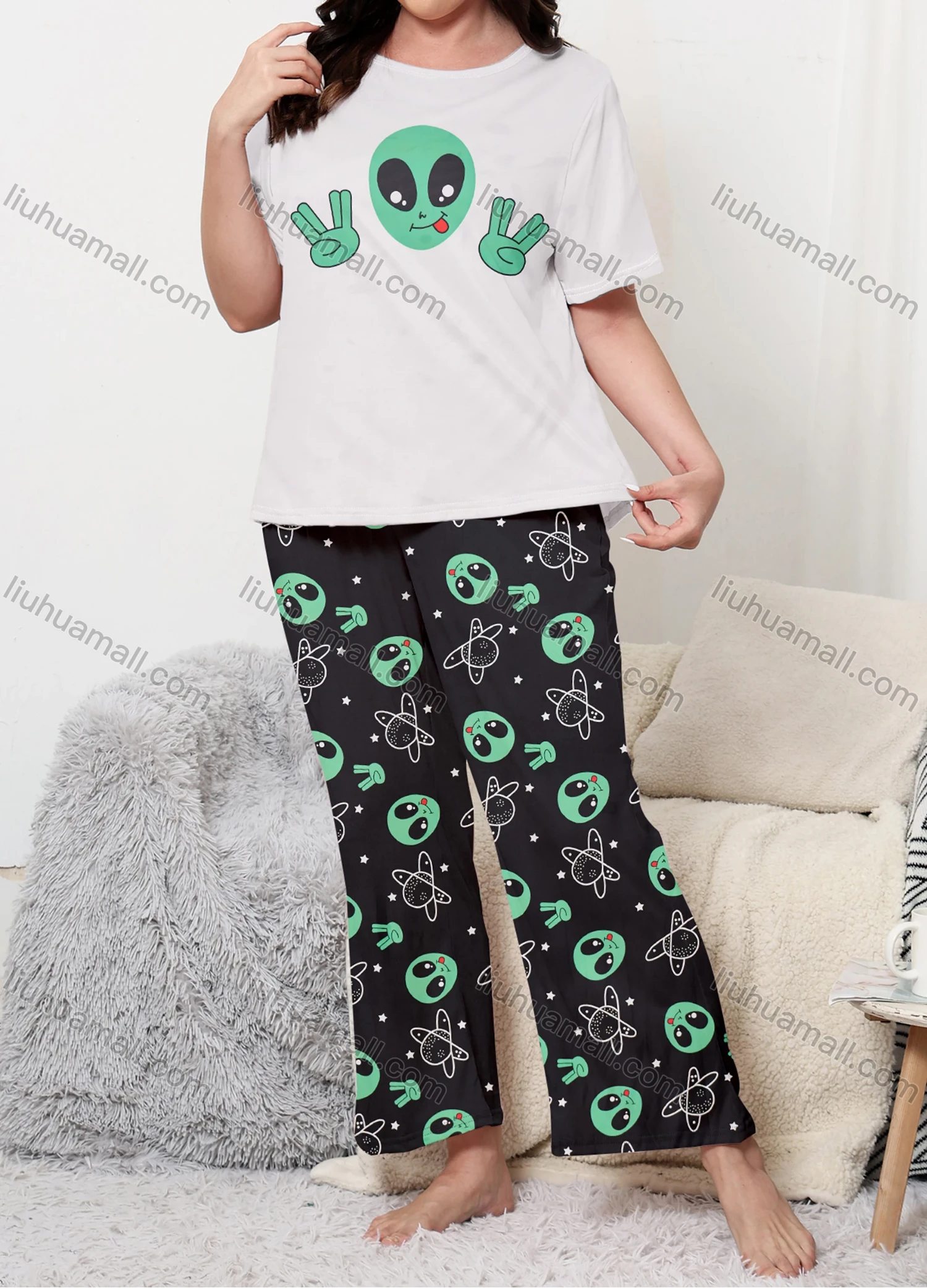 Wholesale Women's Lounge Milk Silk Graphic Print Short Sleeve T-shirt & Allover Print Pant Soft Pajamas Sets DM02302-02# - Liuhuamall