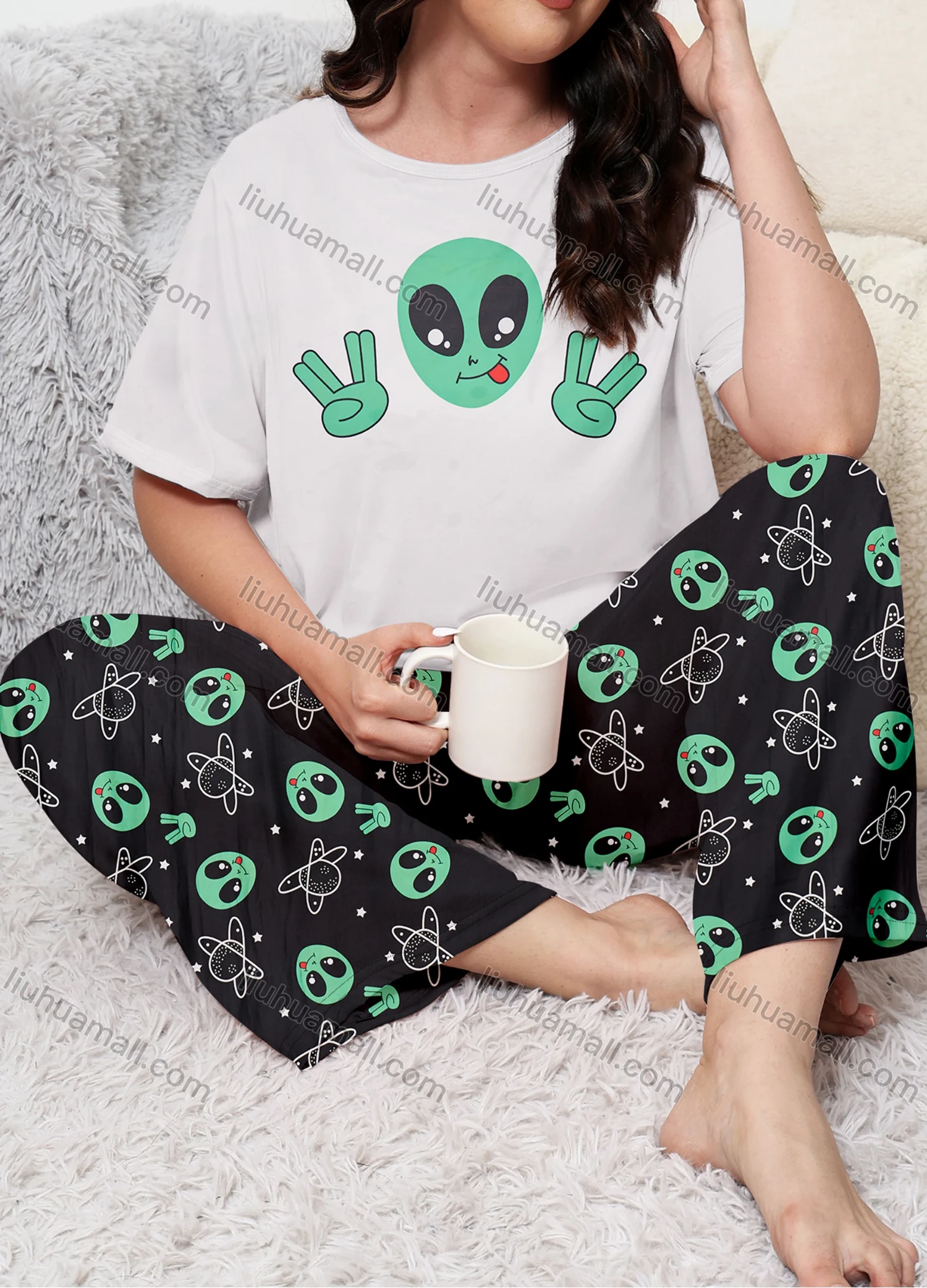 Wholesale Women's Lounge Milk Silk Graphic Print Short Sleeve T-shirt & Allover Print Pant Soft Pajamas Sets DM02302-02# - Liuhuamall