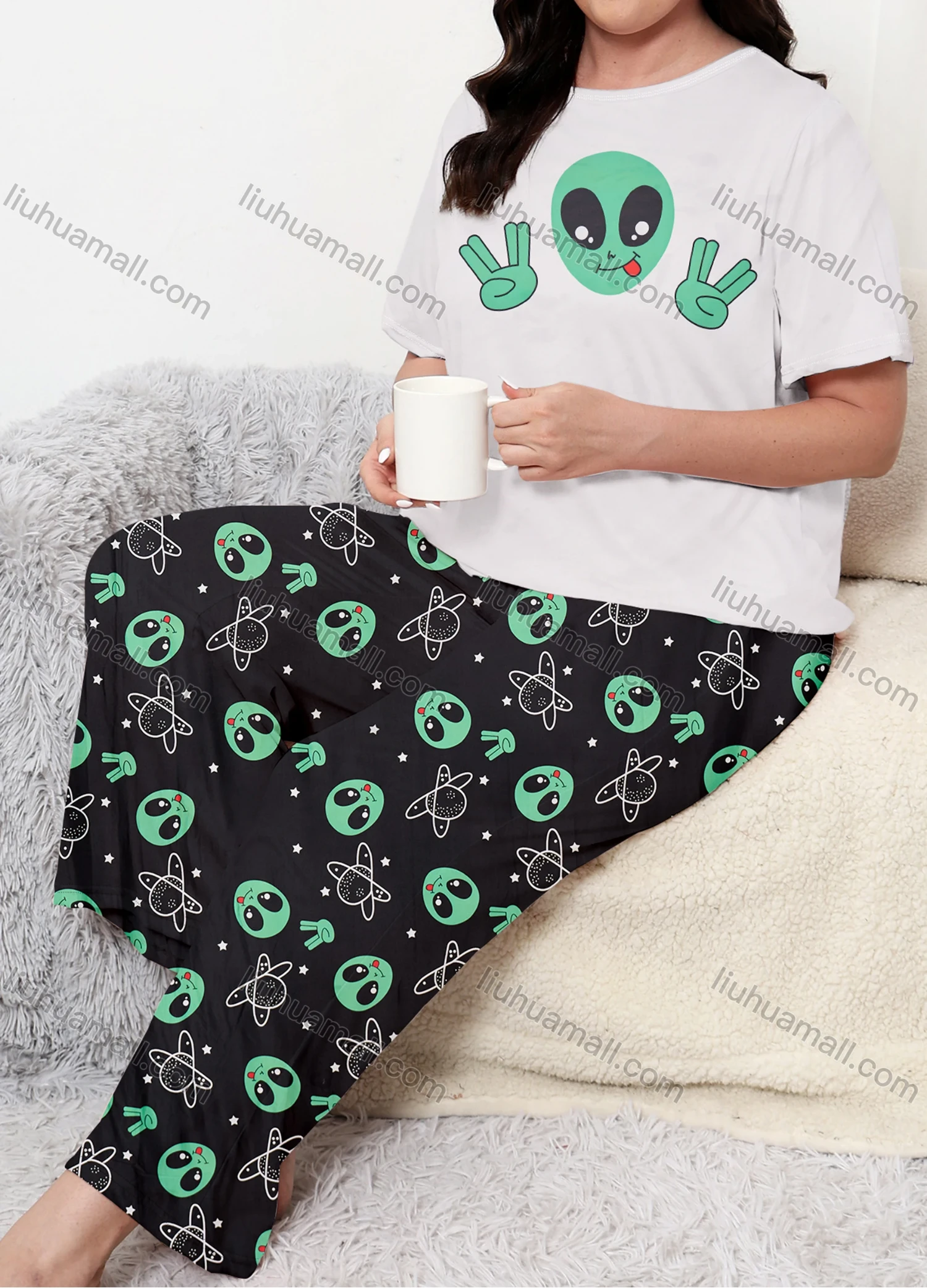 Wholesale Women's Lounge Milk Silk Graphic Print Short Sleeve T-shirt & Allover Print Pant Soft Pajamas Sets DM02302-02# - Liuhuamall