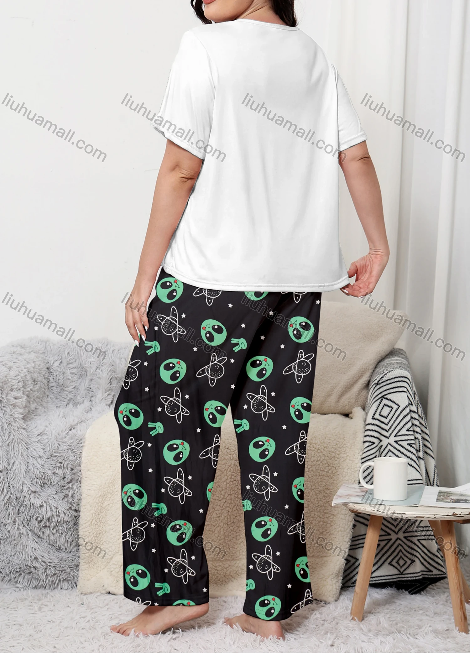 Wholesale Women's Lounge Milk Silk Graphic Print Short Sleeve T-shirt & Allover Print Pant Soft Pajamas Sets DM02302-02# - Liuhuamall