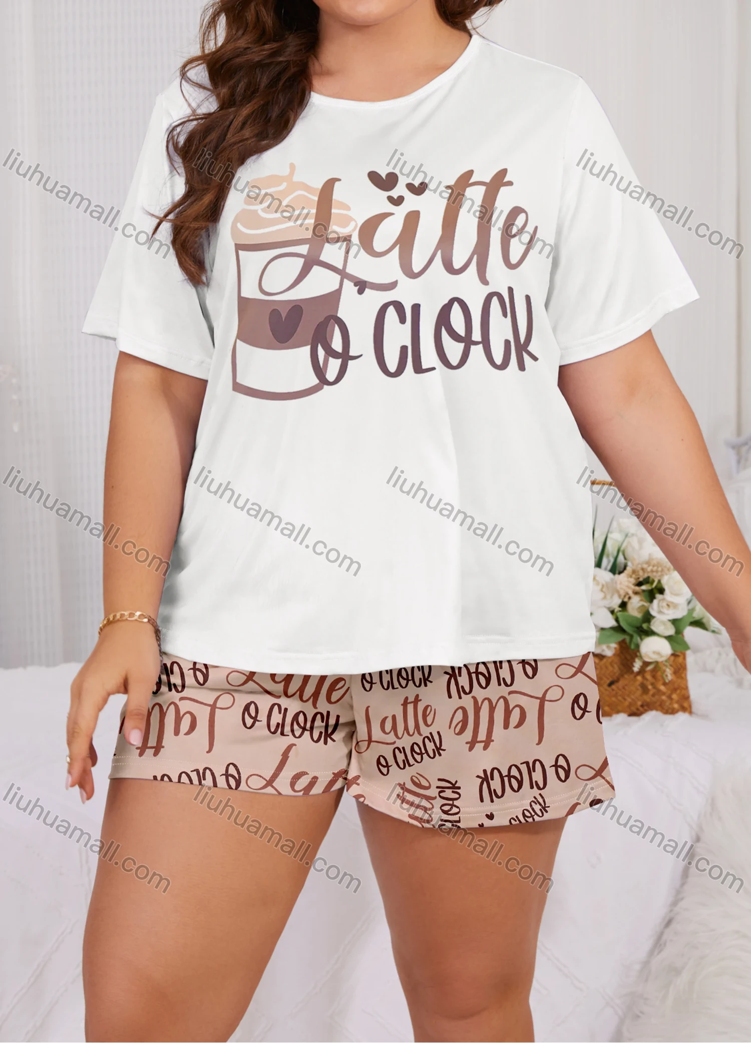 Wholesale Women's Lounge Milk Silk Letter Print Short Sleeve T-shirt & Shorts Pajamas Sets DM2306-02# - Liuhuamall